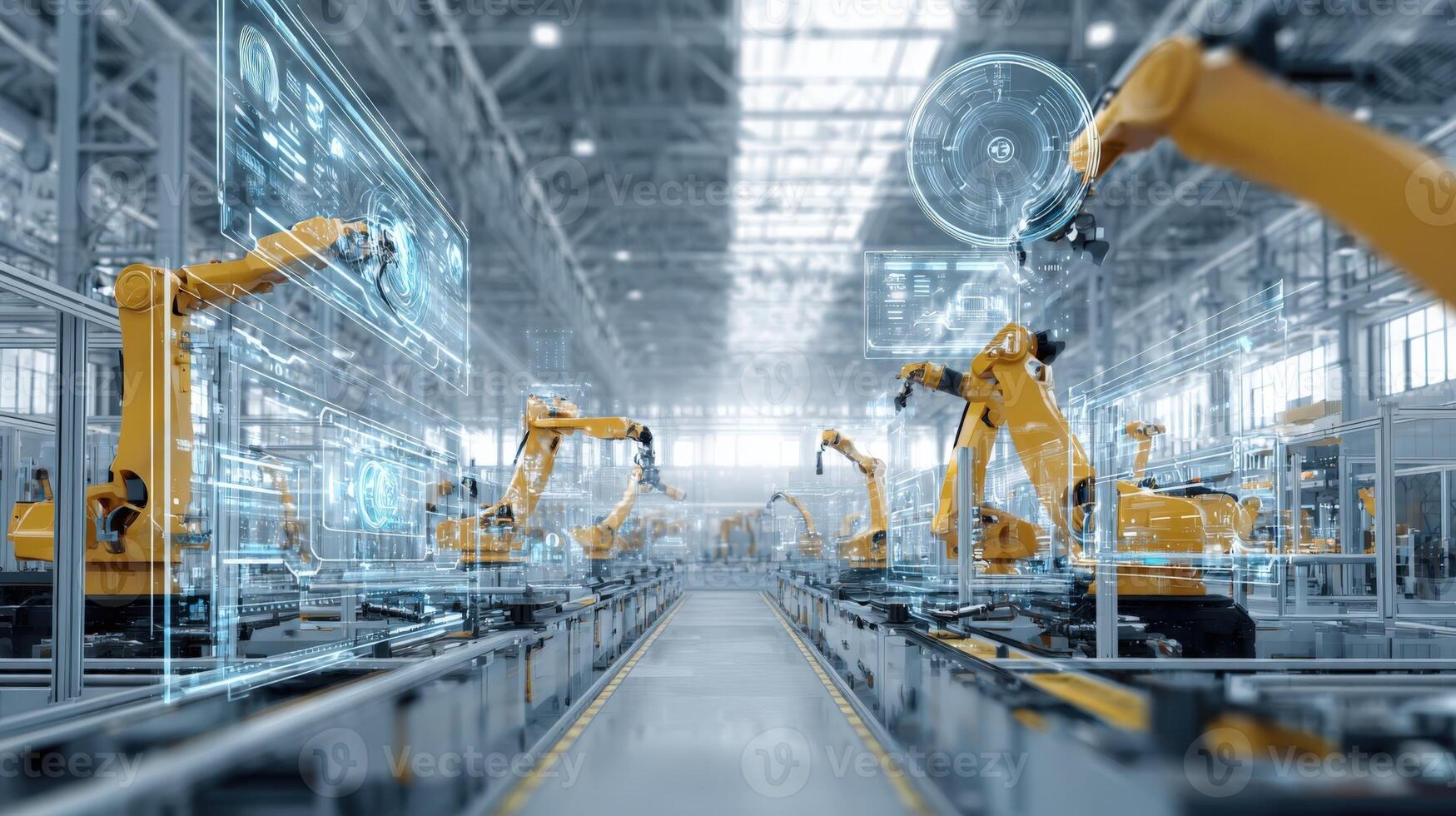 Automated Factory Assembly Line with Robotic Arms and Digital Technology, Manufacturing Production photo
