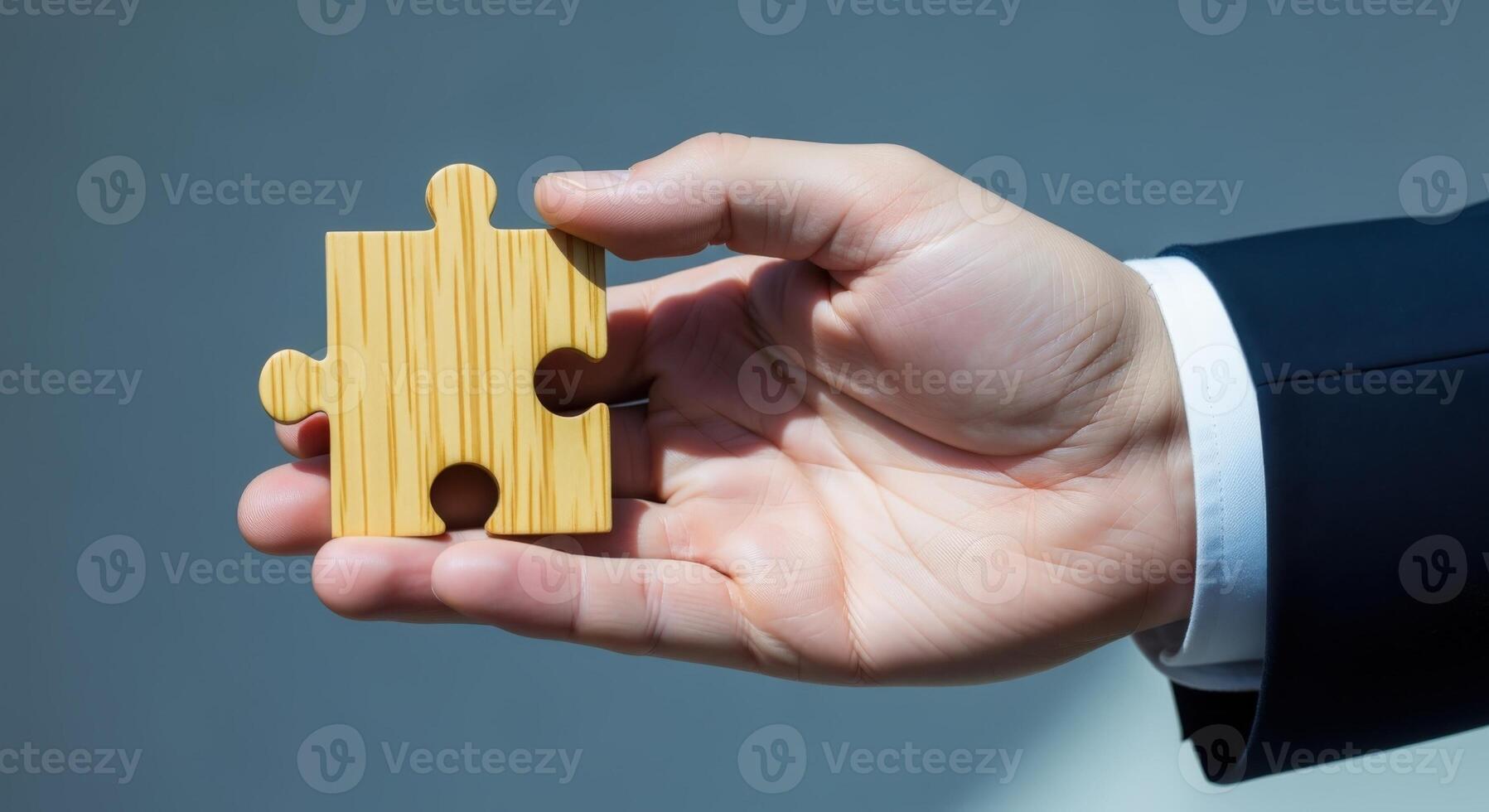Hand Holding Wooden Jigsaw Piece Demonstrating Strategy, Solution, Connection, Integration and Problem Solving for Business Concepts photo