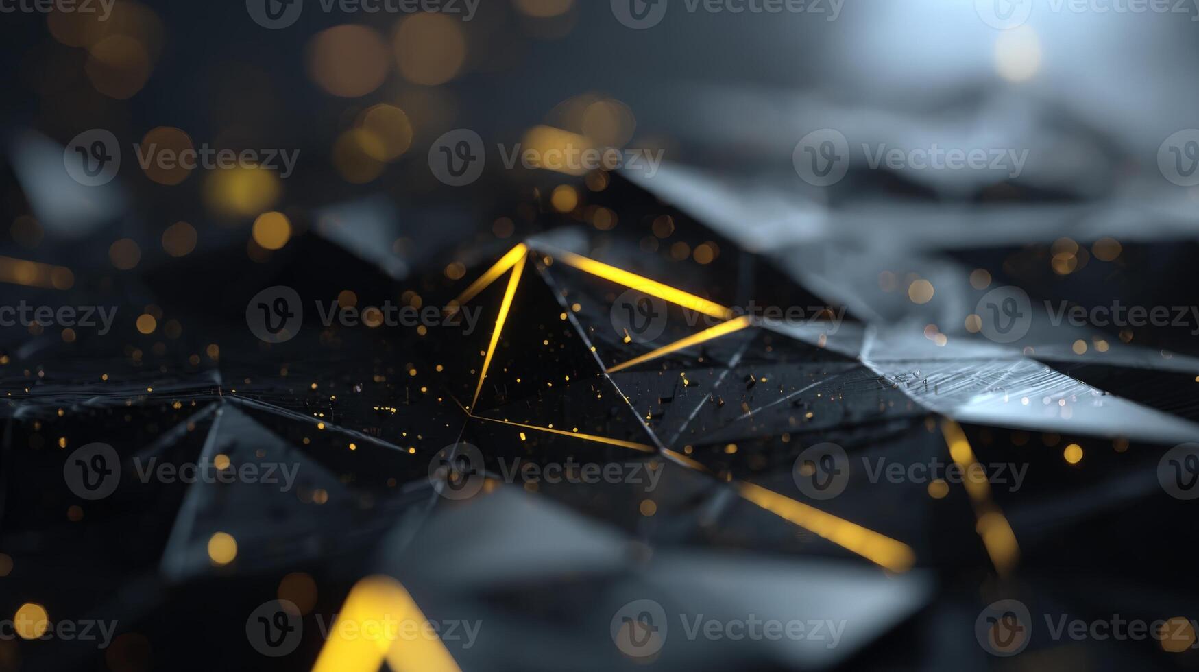 Abstract Geometric Surface with Golden Highlights, Low Poly Design with Dynamic Lighting and Bokeh photo