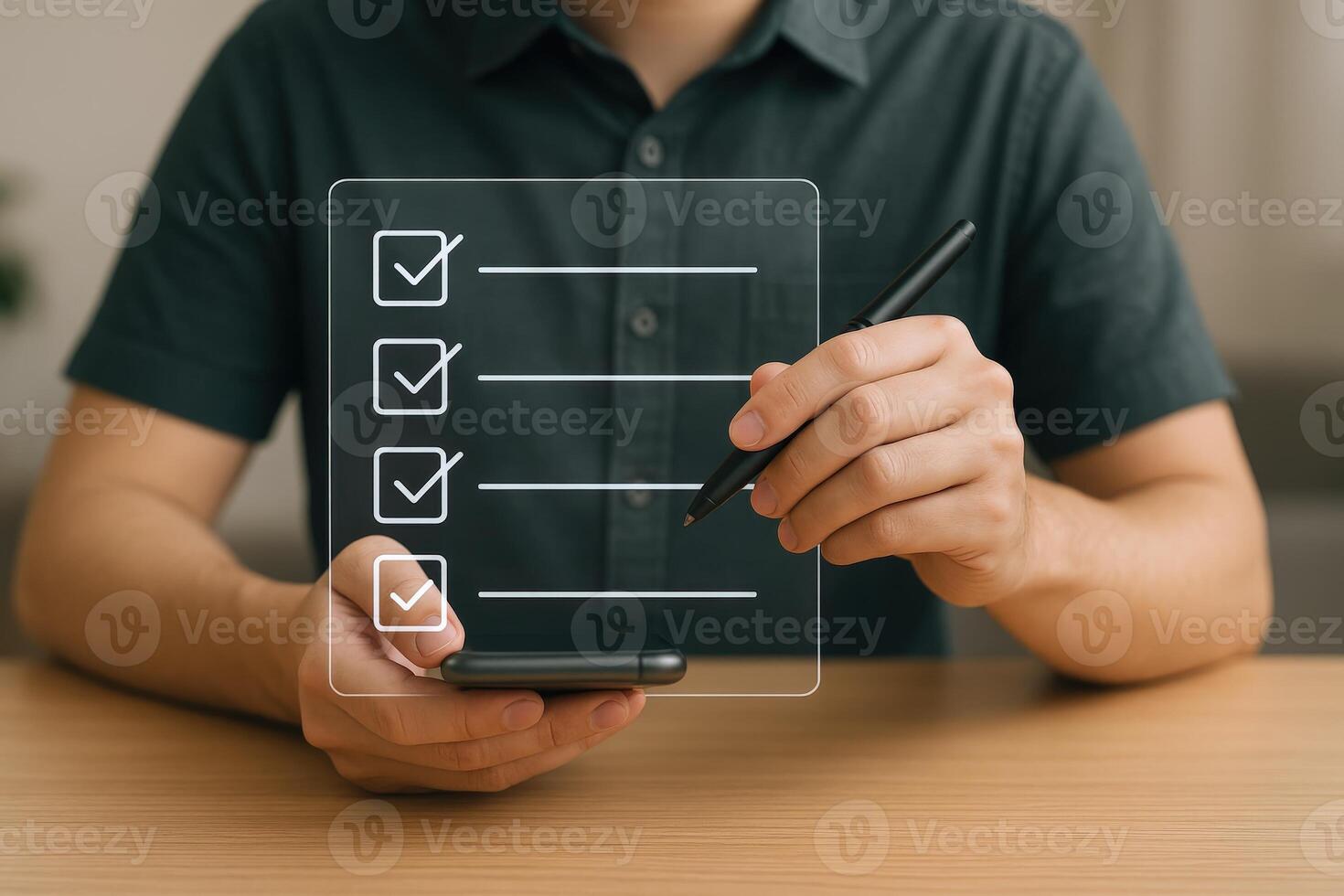 Man Completing Digital Checklist on Smartphone with Stylus, Modern Task Management and Productivity, Top View photo