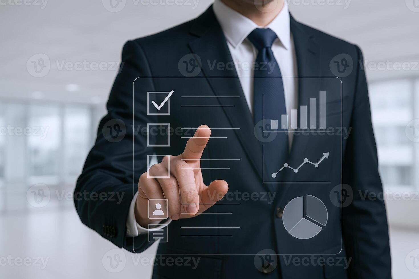 Businessman Navigating Digital Interface with Charts and Checklists for Strategic Planning and Data Analysis photo