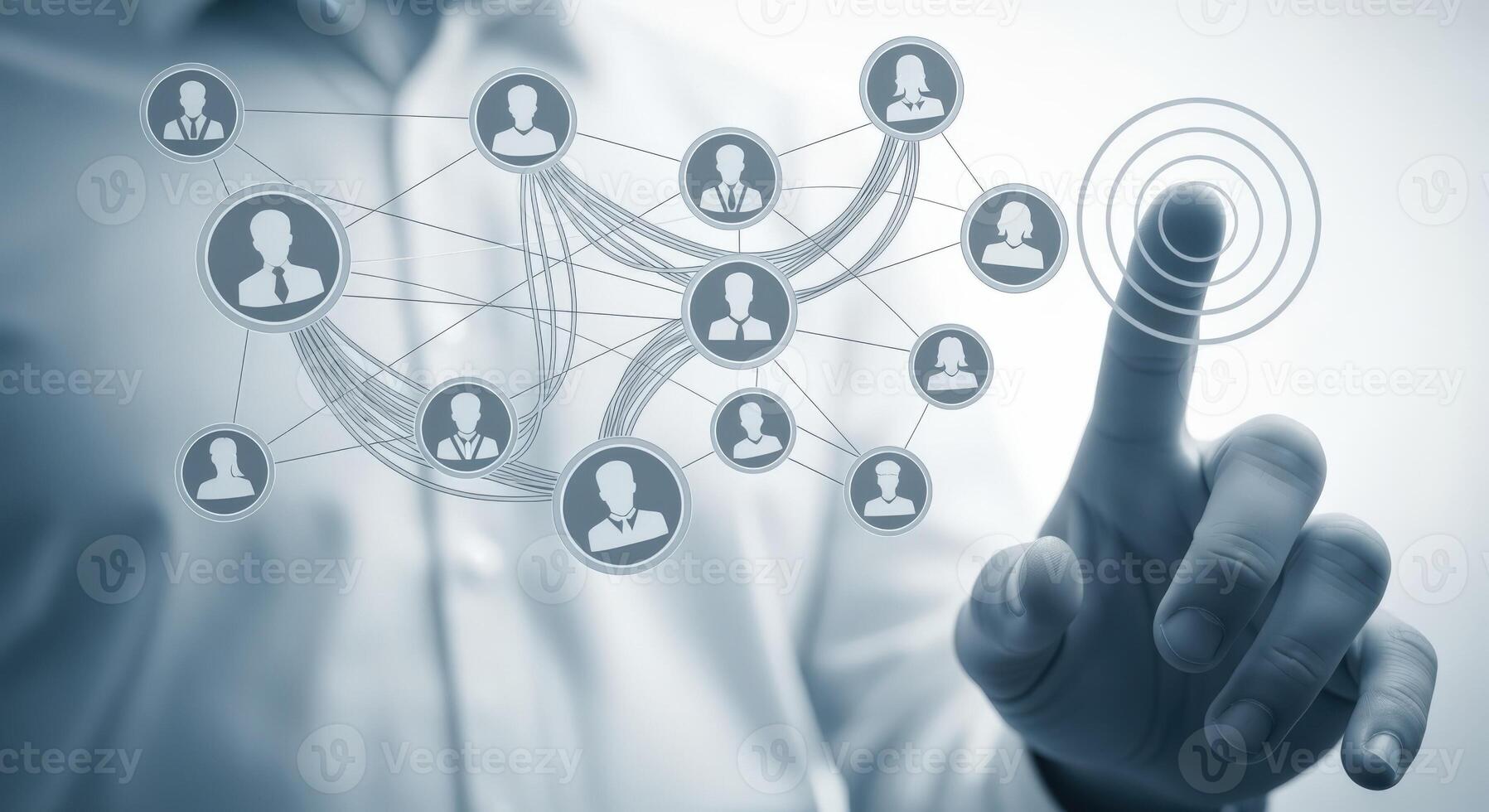 Social Network Connection Man Taps Touchscreen Display Interface Connecting Diverse People with Digital Technology photo