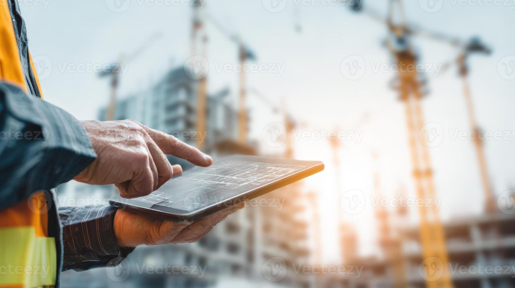 Construction Worker Using Digital Tablet at Construction Site with Cranes and Building in Background photo
