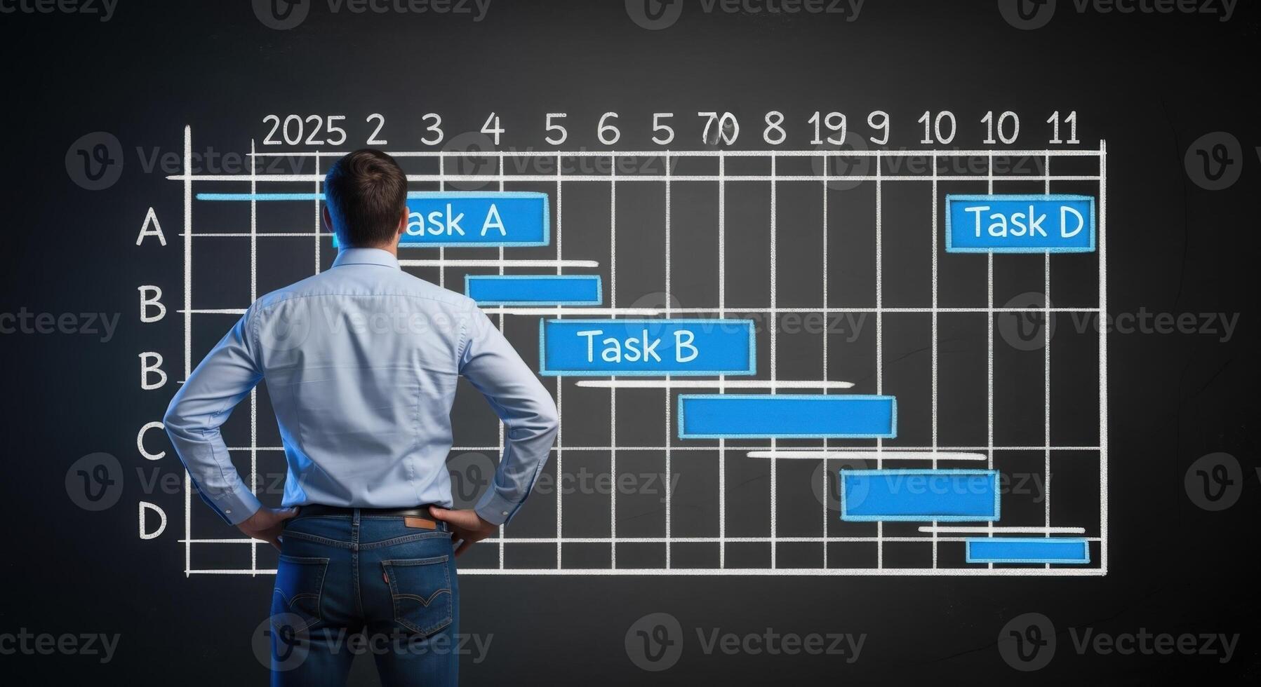 Project Management Gantt Chart Analysis Businessman Reviewing Timeline for Planning and Strategy Implementation photo