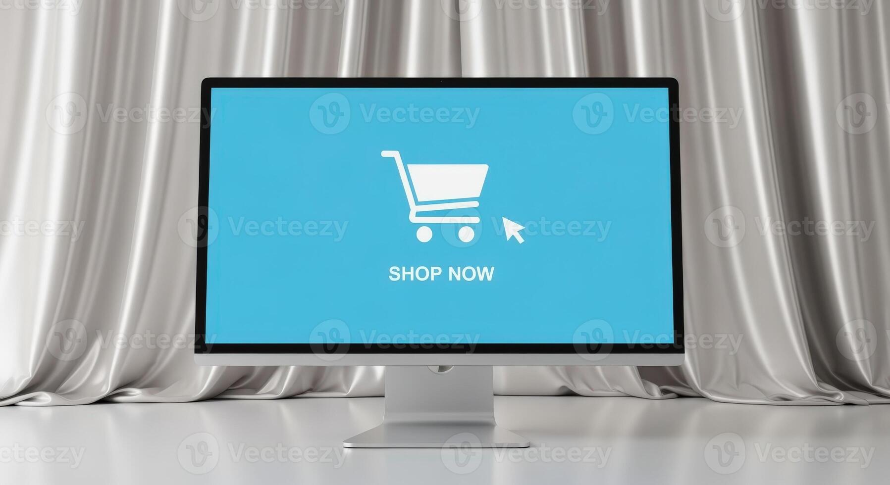 Online Shopping Concept with Computer Displaying Cart and Shop Now Call to Action photo