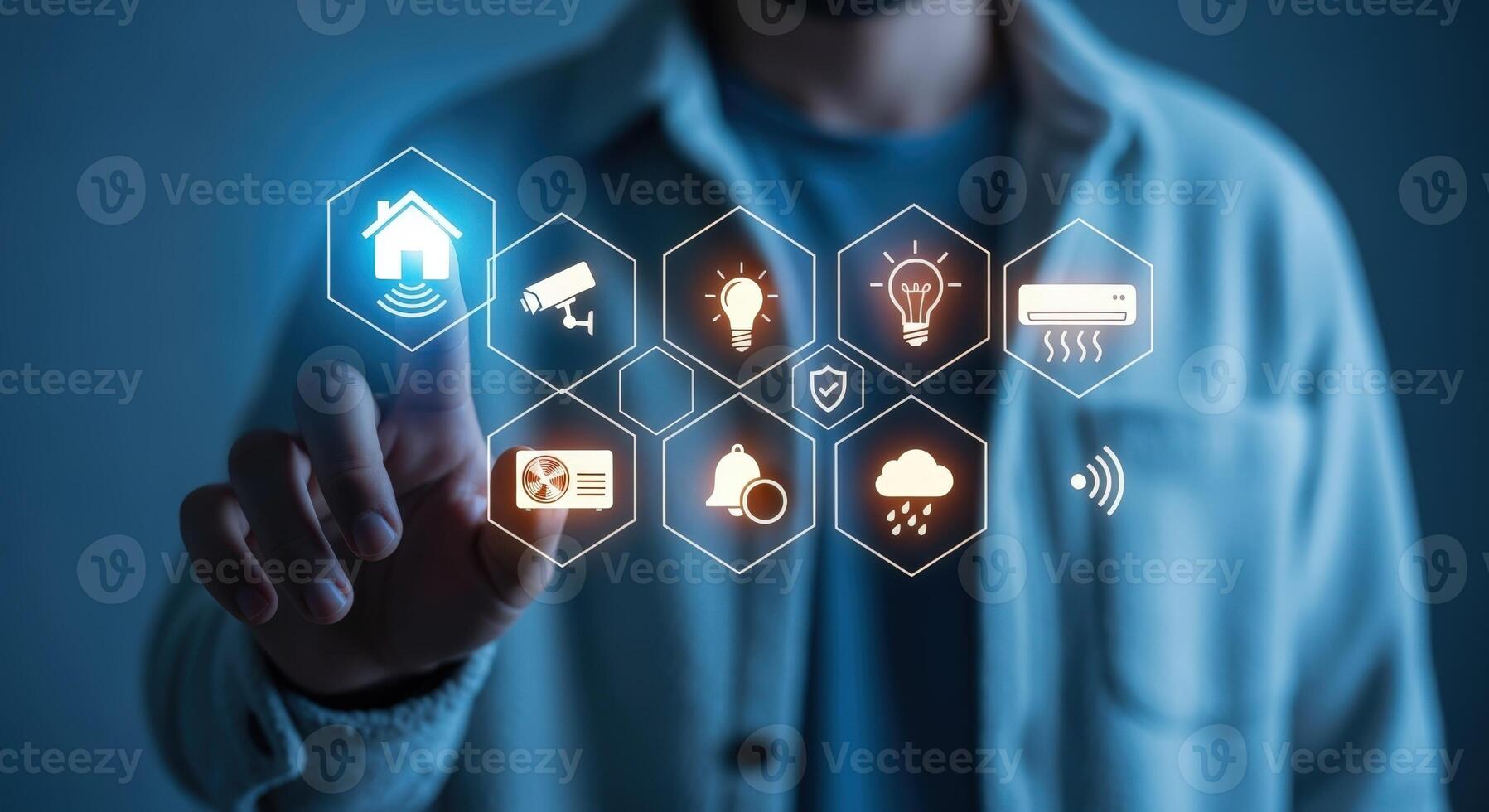 Smart Home Automation Man Interacting with Futuristic Interface for Connected Living and Security Systems photo