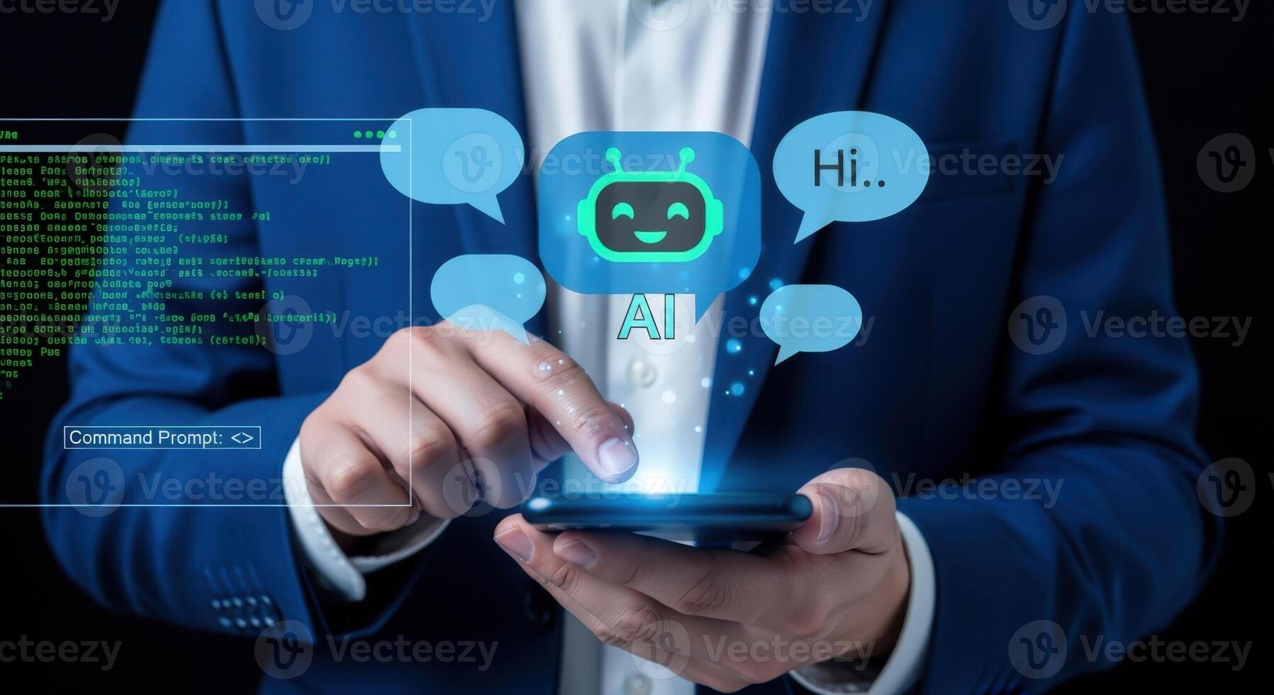 AI Chatbot Interaction on Smartphone Business Professional Engaging with Virtual Assistant for Communication photo