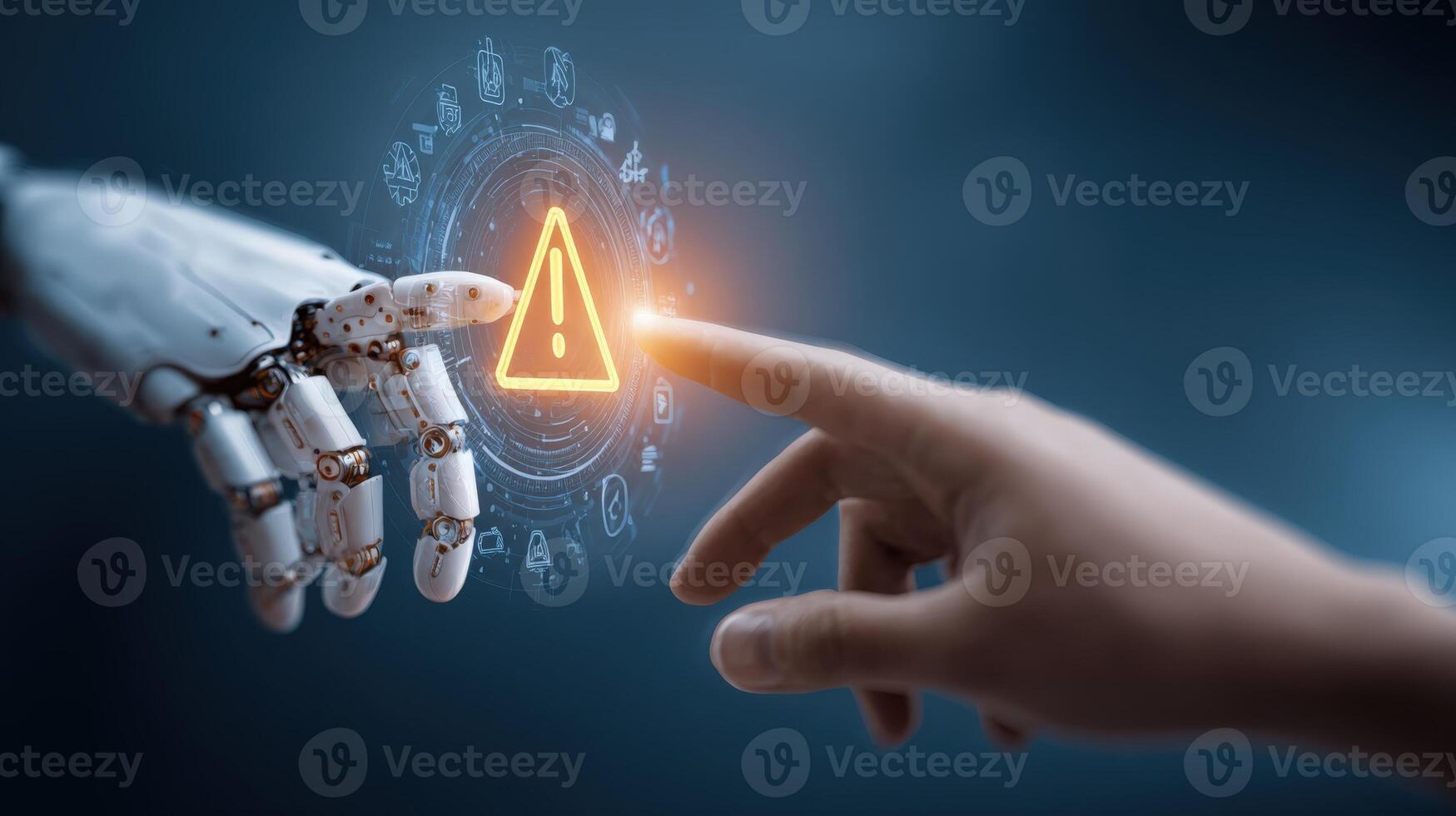 AI Risk Management Human and Robot Interaction with Alert, Emphasizing Safety and Technological Integration photo