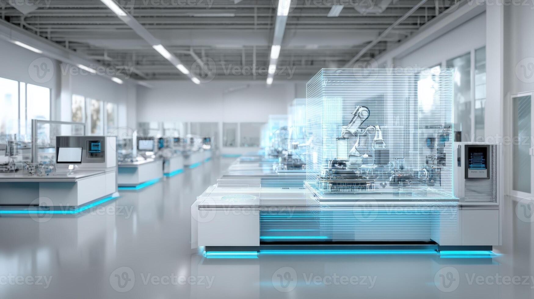 Modern Automated Factory Interior with Robotic Assembly Line and Advanced Technology Interface, Clean and Efficient Production photo