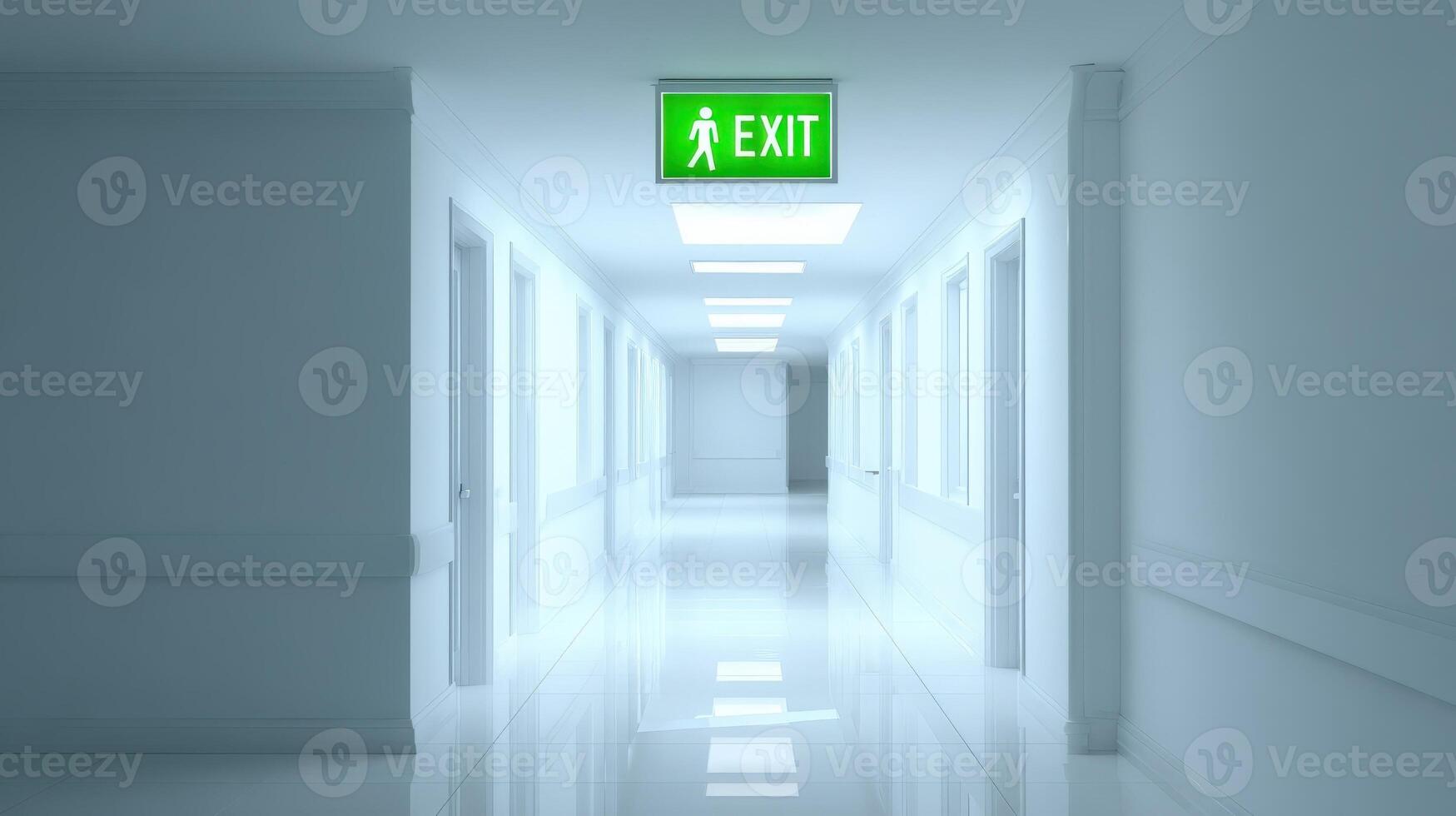 Emergency Exit Sign in Modern Building Hallway with White Walls and Bright Lighting photo