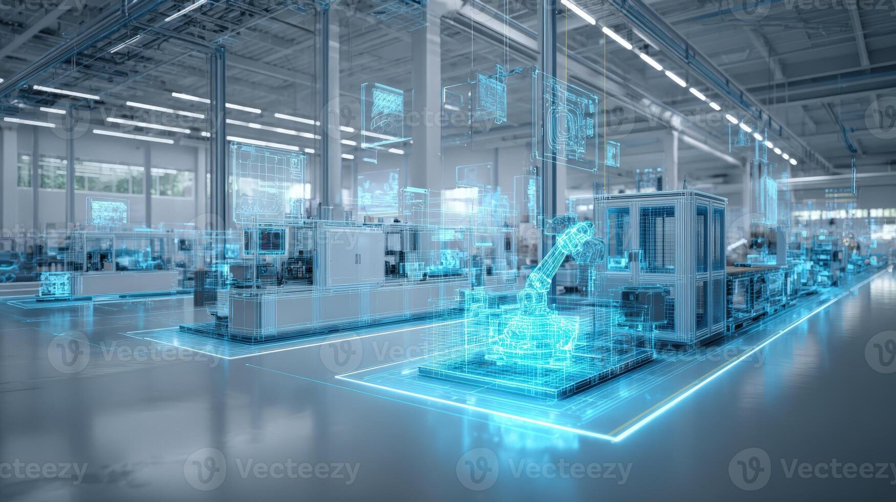 Futuristic Factory Interior with Automated Machinery, Robotics, and Data Visualization for Advanced Manufacturing Processes photo