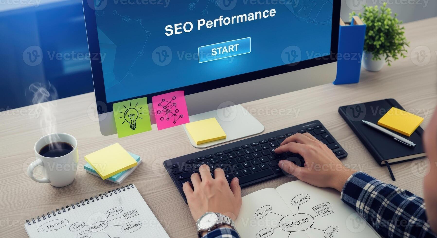 Analyzing SEO Performance on Computer Screen with Coffee, Notes, and Keyboard on Wooden Desk photo