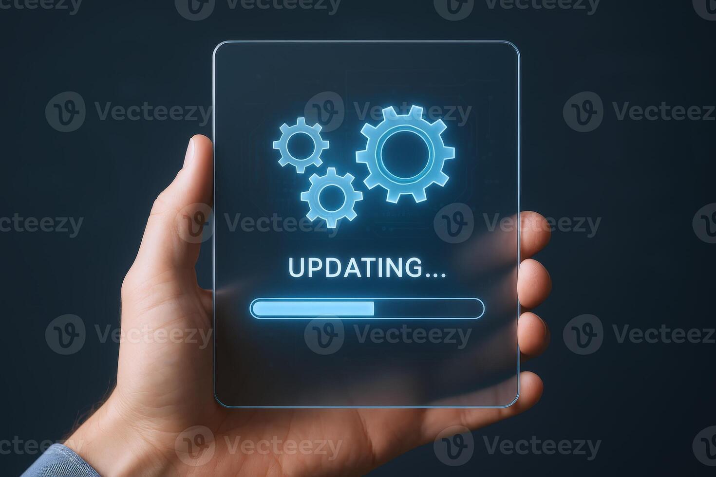 Software Updating Process on Transparent Device Displayed in Hand, Concept of Technology Innovation photo