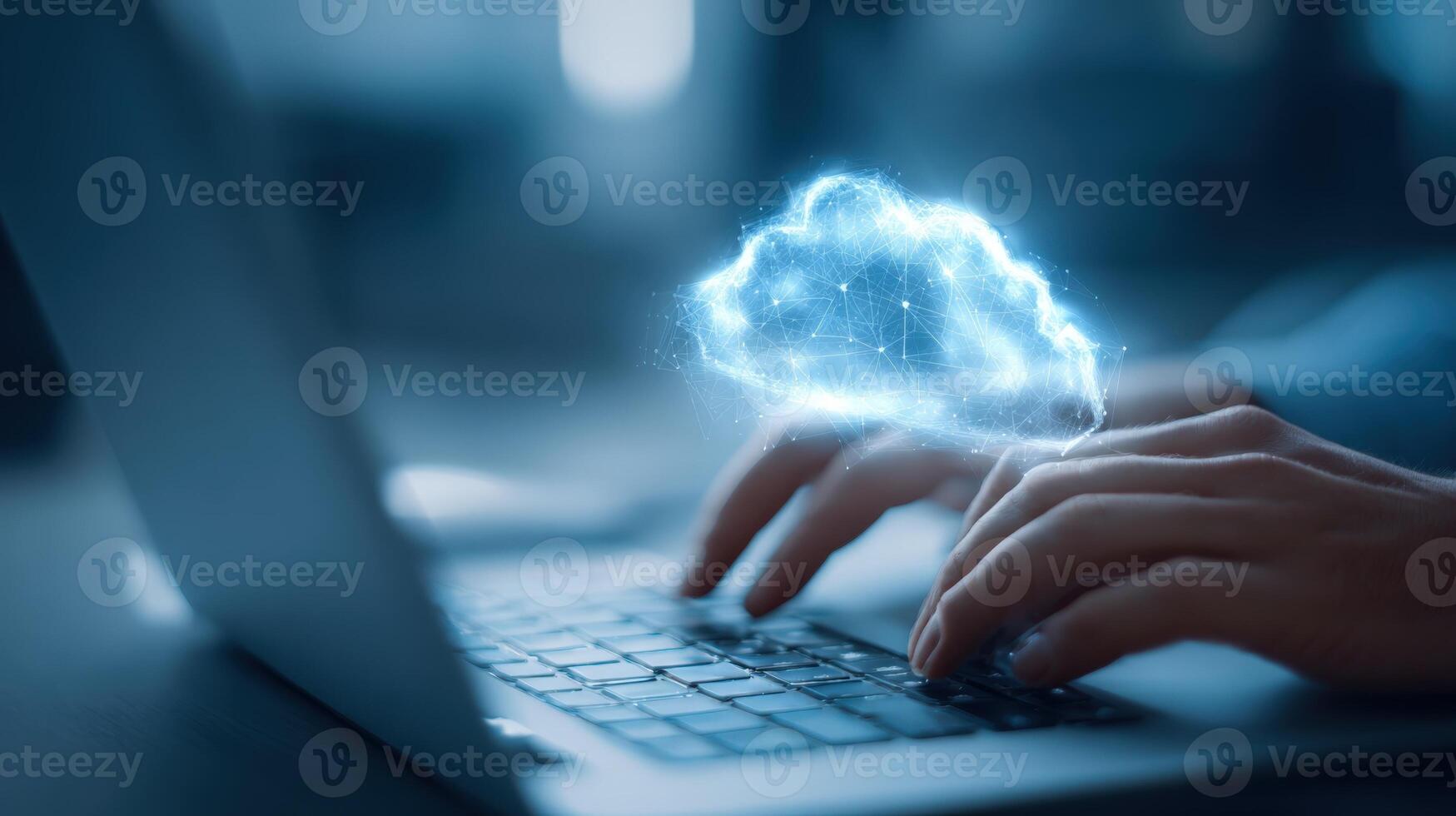 Cloud Computing Concept Hands Typing on Laptop with Digital Cloud Overlay, Modern Technology photo