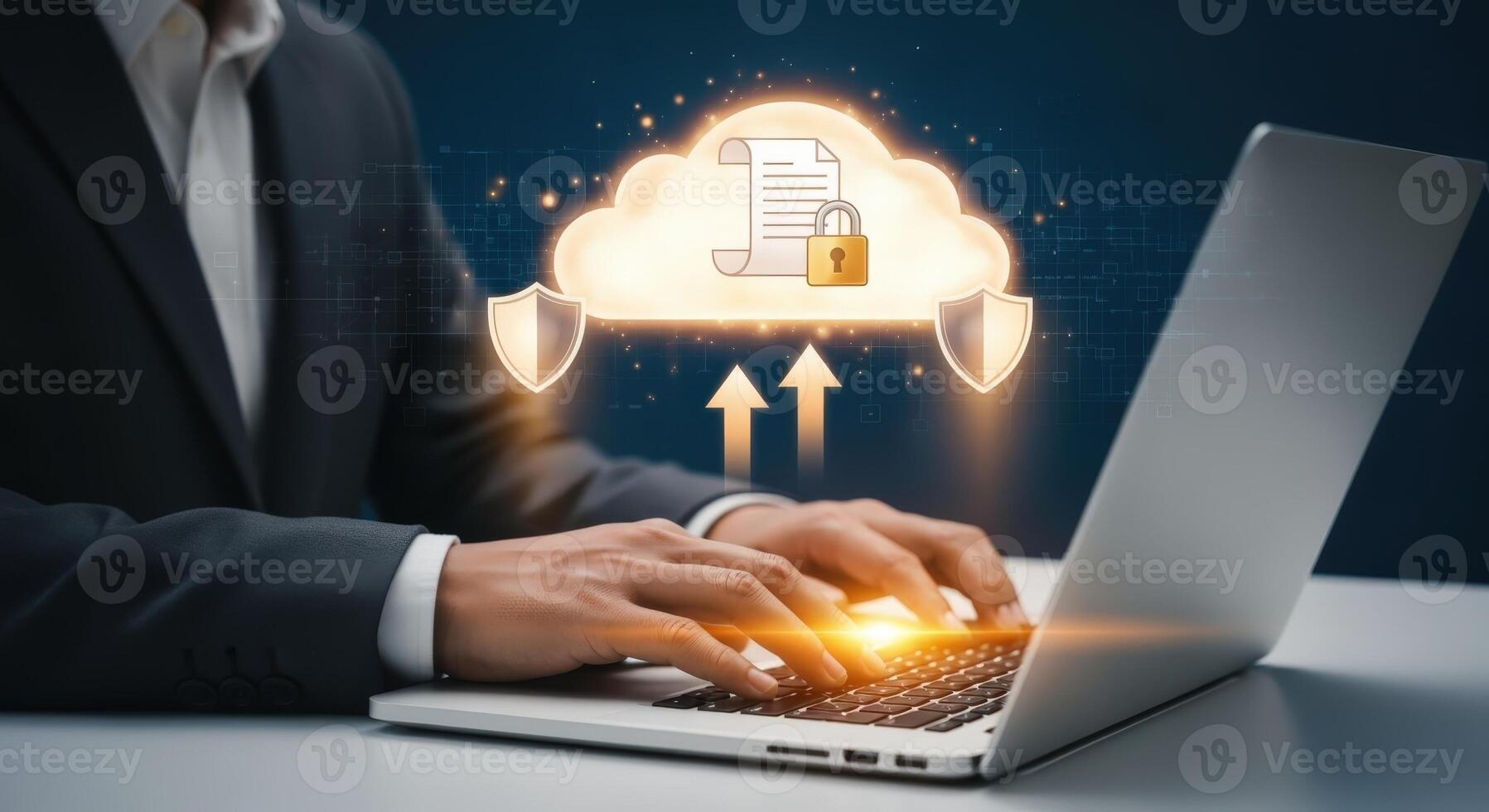 Cloud Computing Security Businessman Typing on Laptop with Data Protection Overlay for Secure File Transfer photo