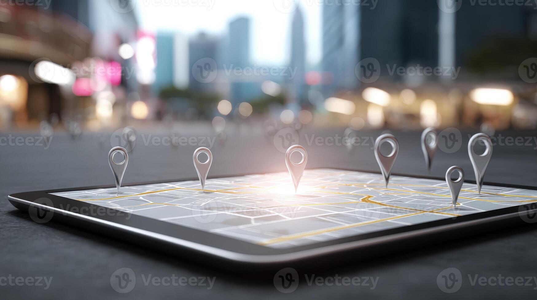 Location Pins on Tablet Display with Cityscape Backdrop, Digital Navigation, Global Positioning System Concept photo