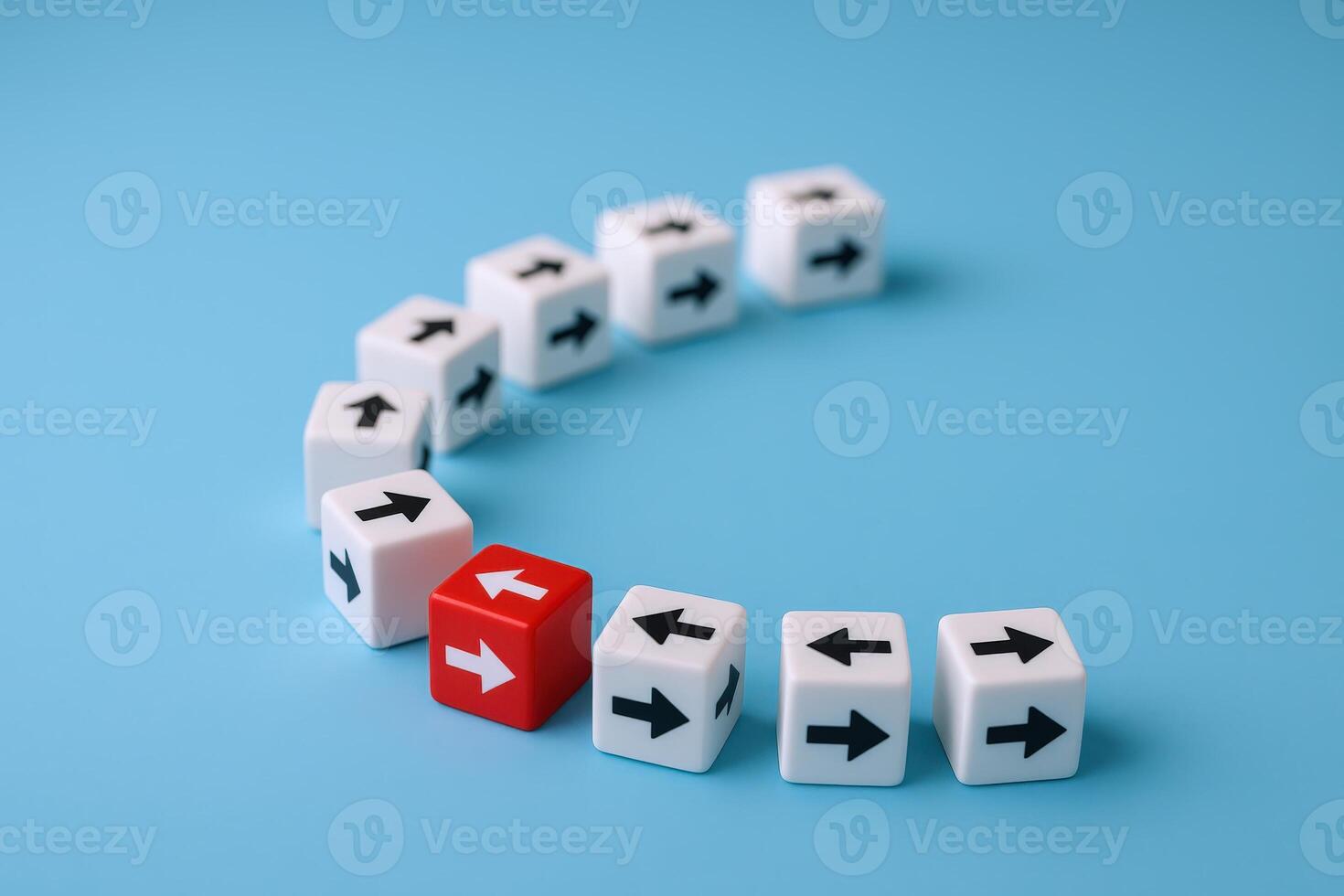 Conceptual Leadership Red Cube Leading White Cubes with Arrows in a Semicircle on Blue Background photo