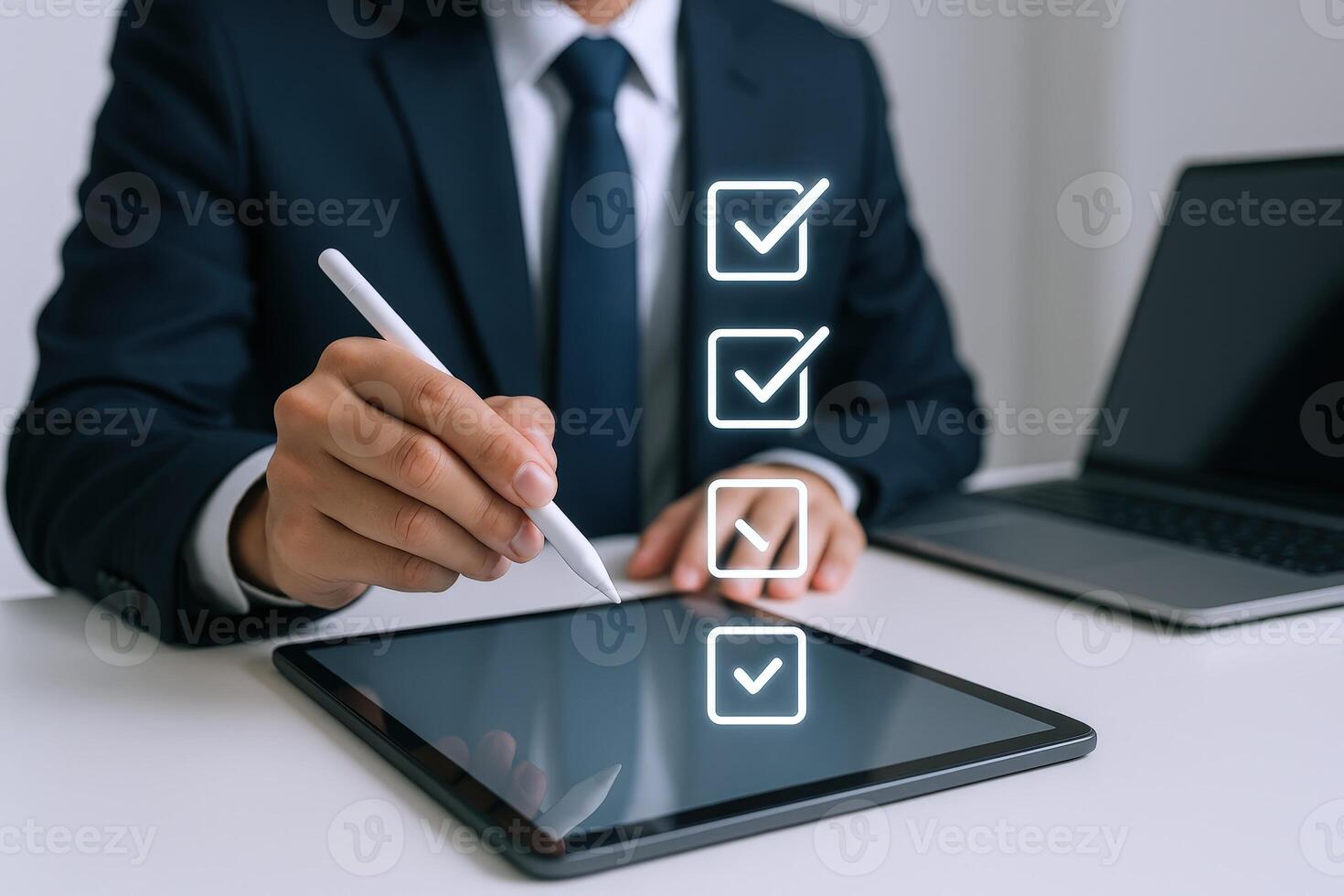 Businessman Completing Checklist on Digital Tablet with Stylus, Illustrating Task Management and Digital Workflow photo