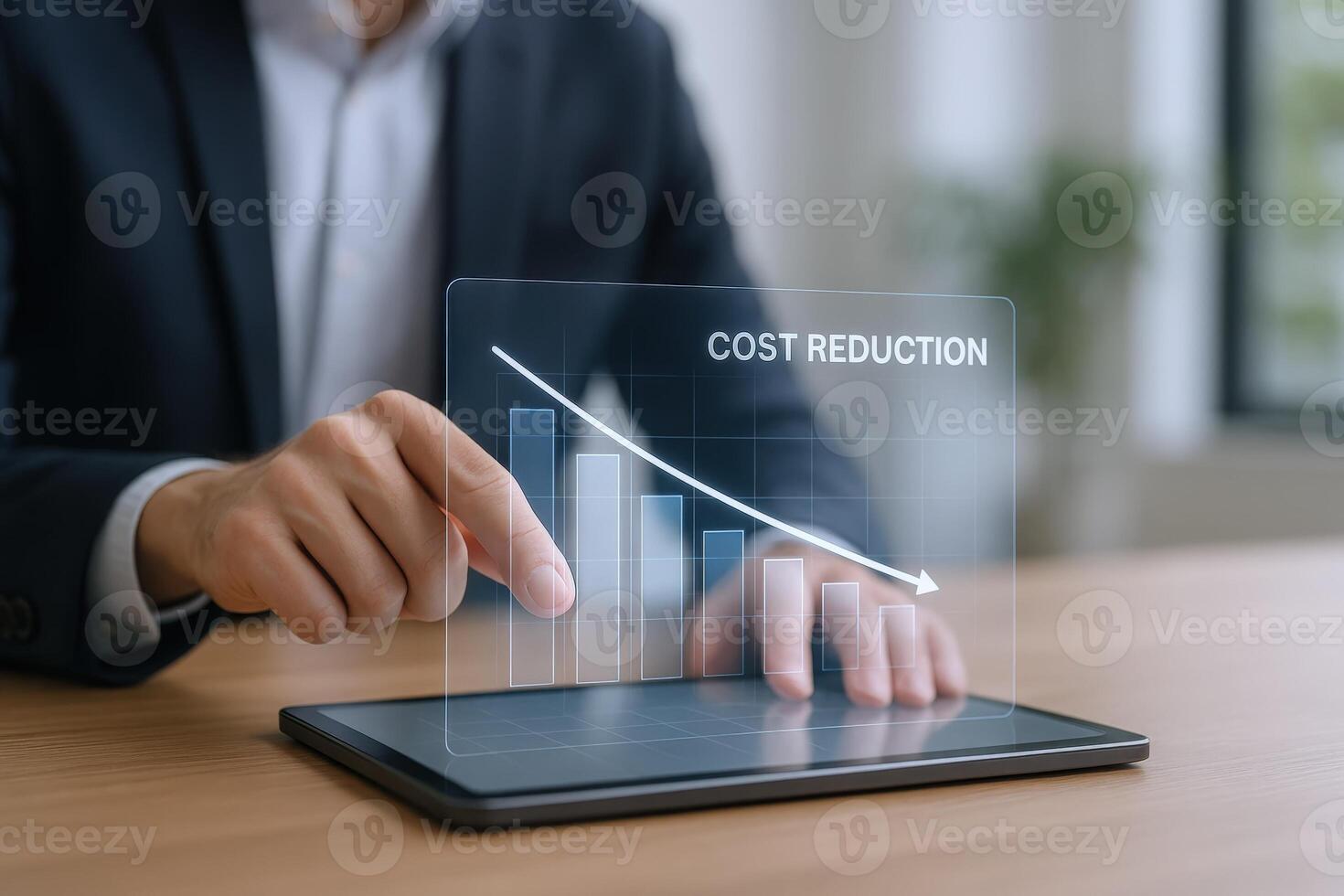 Cost Reduction Strategy Displayed on Tablet with Financial Graph and Business Professional Analyzing Data photo
