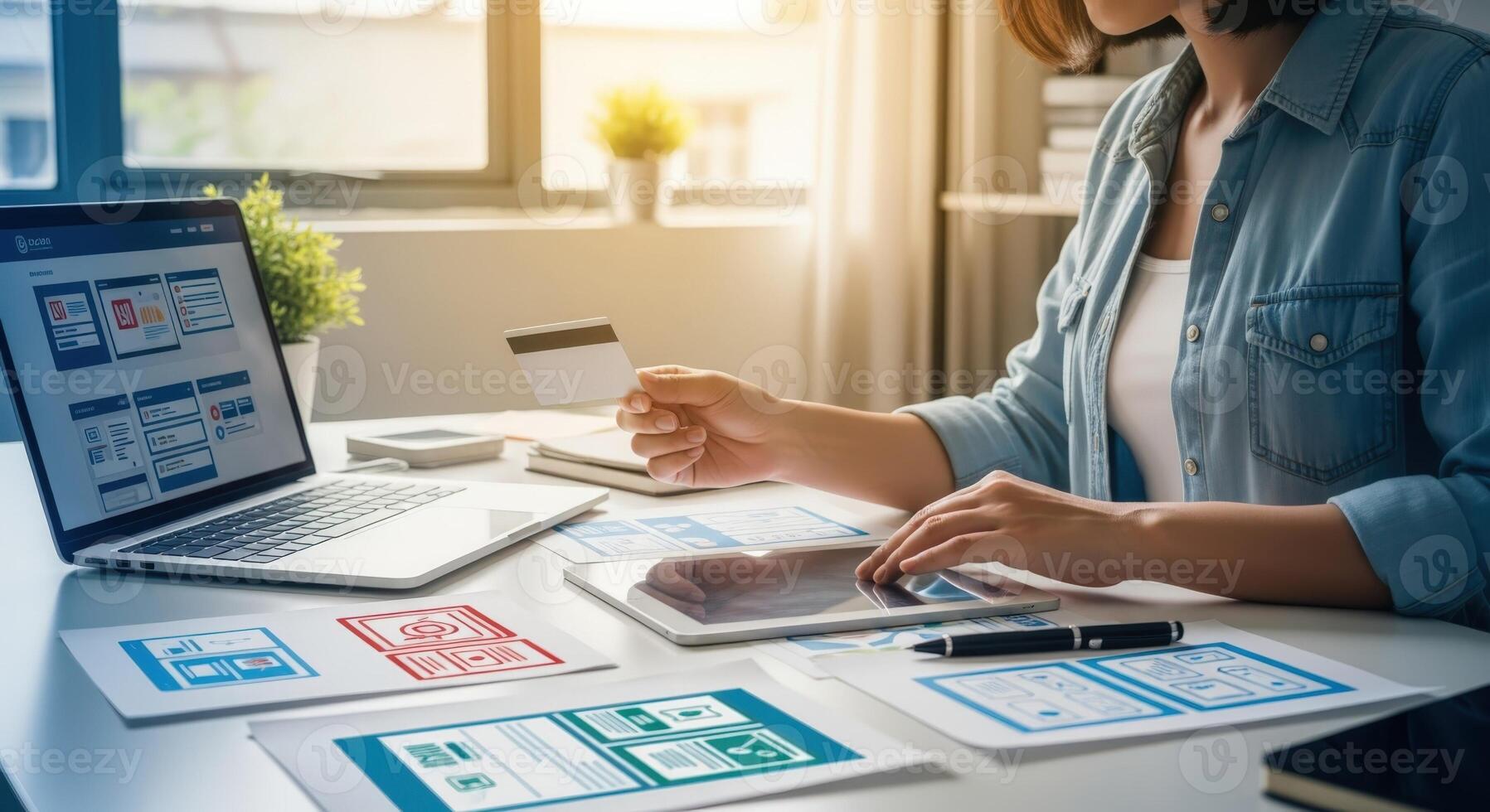 Woman designing mobile app interface, using credit card, working at desk, app design and development concept photo