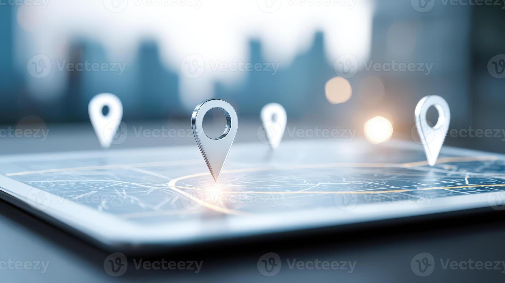 Navigation Tablet Displaying Route with Location Pins for Mapping and Planning in Modern City photo