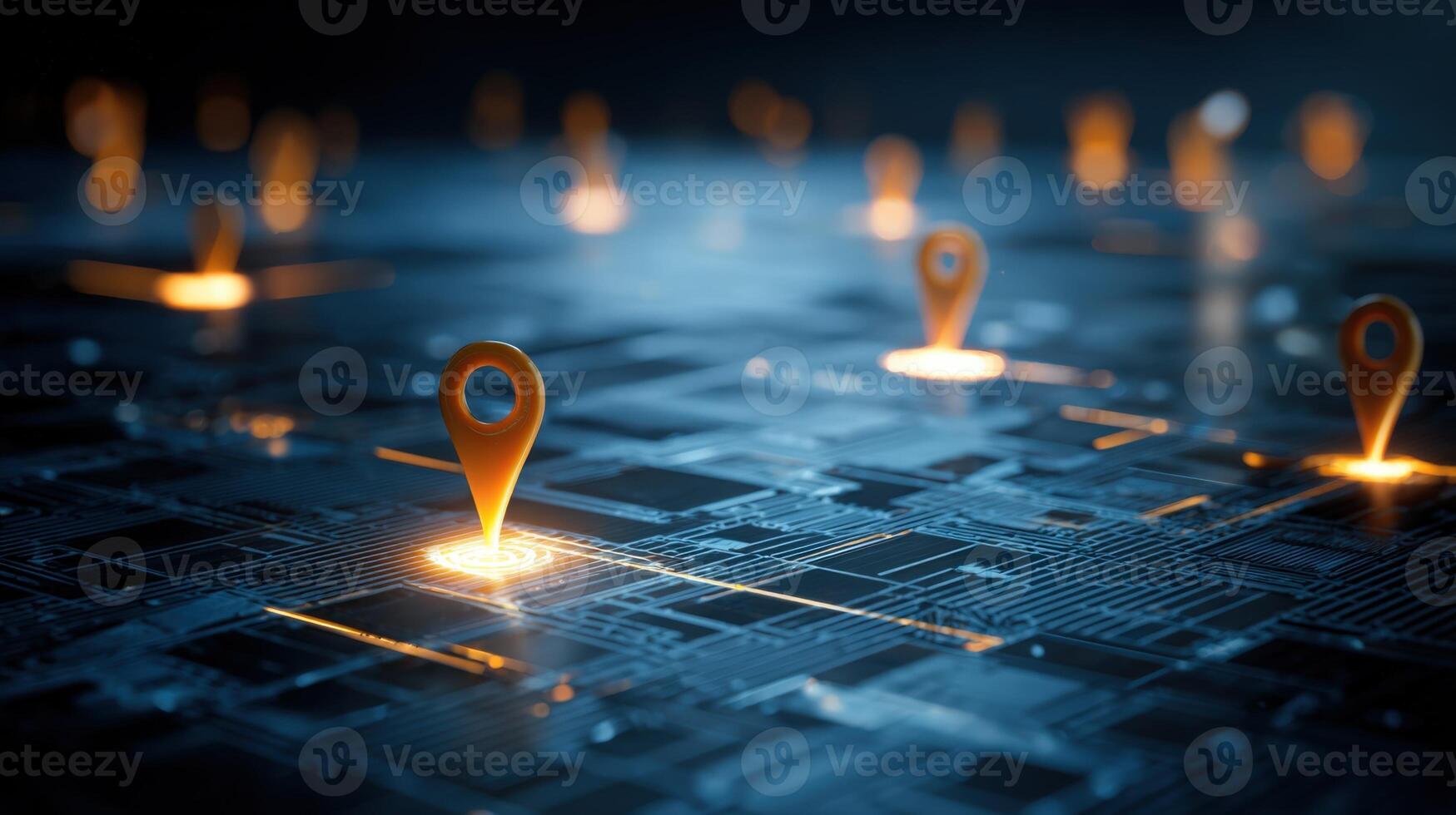 Location Pins on Circuit Board Technology and Navigation Concept with Glowing Markers photo