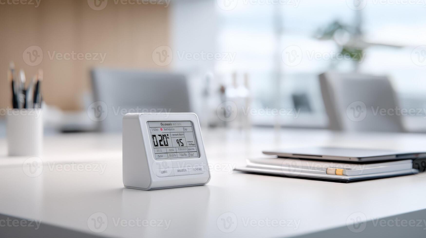 Digital Air Quality Monitor Displaying Readings on a White Conference Table in an Office Setting photo