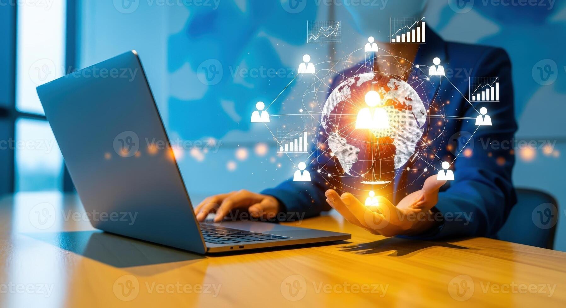 Global Business Network Man Using Laptop with World Connections, Data Analysis and Growth Projections photo