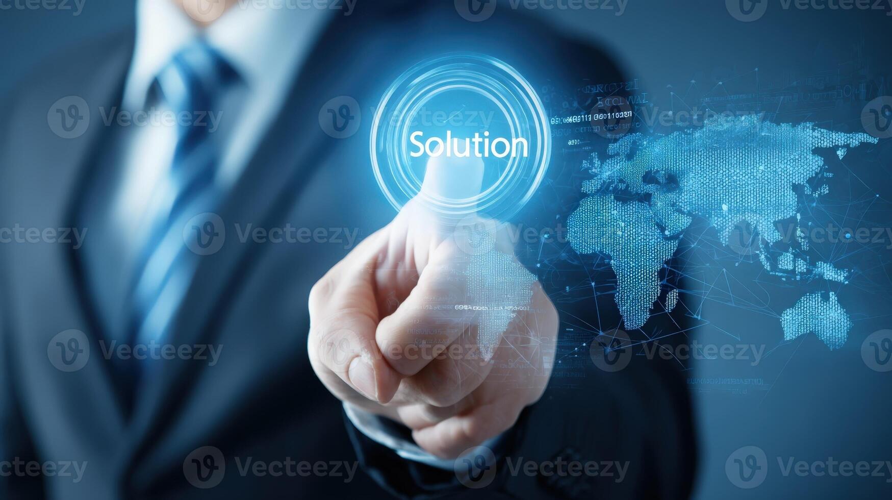 Businessman Touching a Digital Solution Button with a Global Network Connection, Demonstrating Innovation and Technology photo
