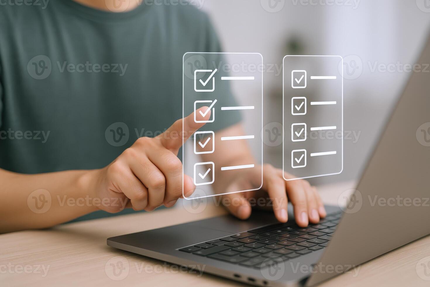 Digital Checklist Management Man Interacting with Virtual To-Do List on Laptop, Task Completion Concept photo