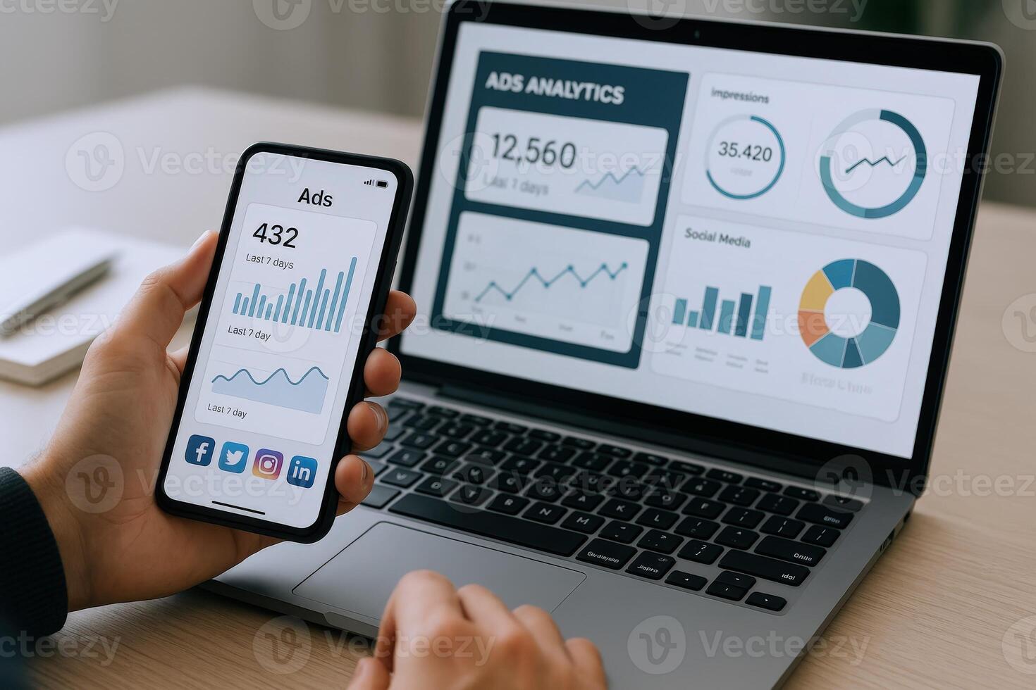 Digital Marketing Analytics Dashboard Displayed on Laptop and Mobile Device, Business Intelligence Data Insights photo