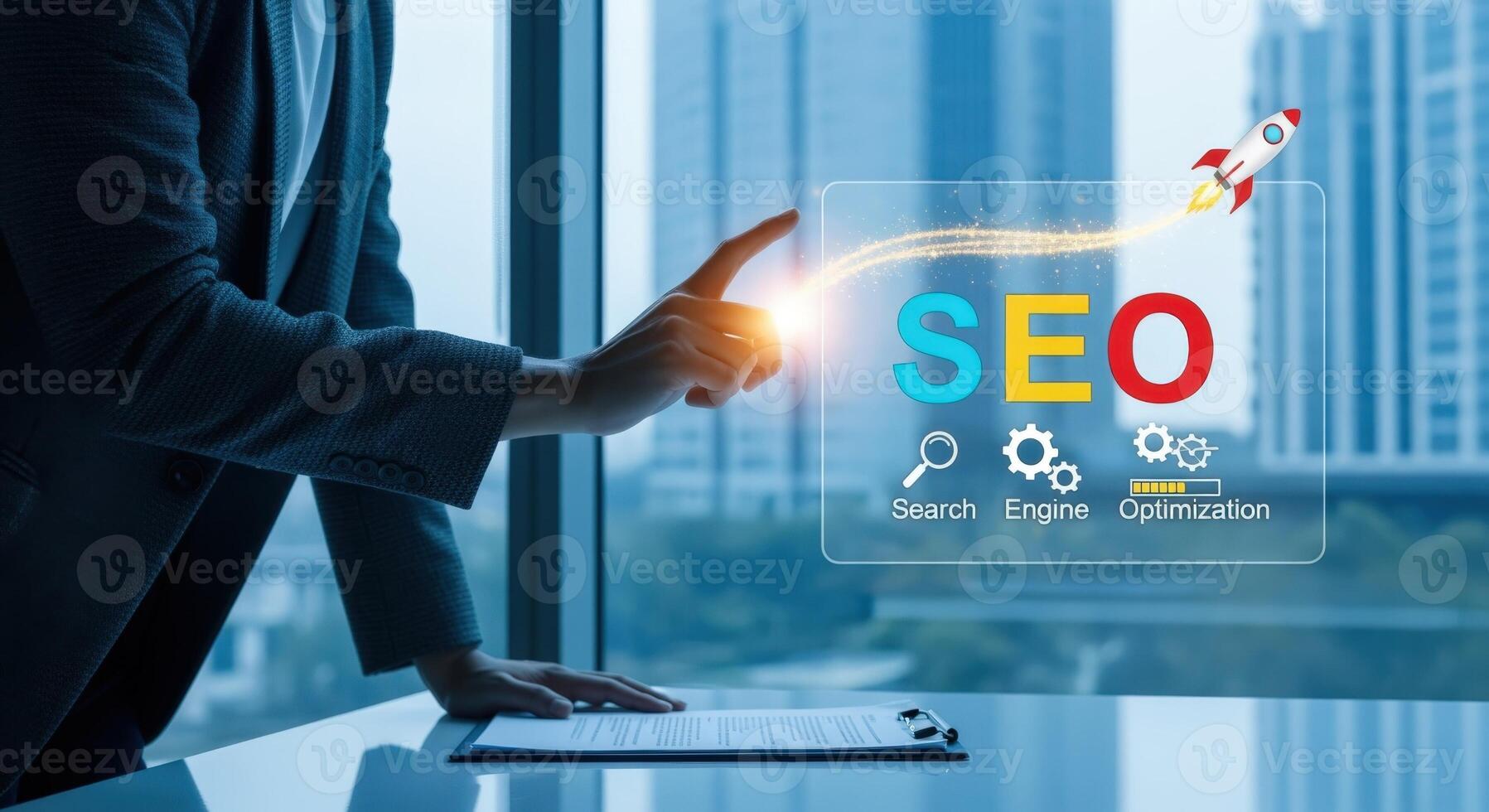 SEO Optimization Strategy Businessman pointing to digital display with rocket launching for internet marketing and development photo