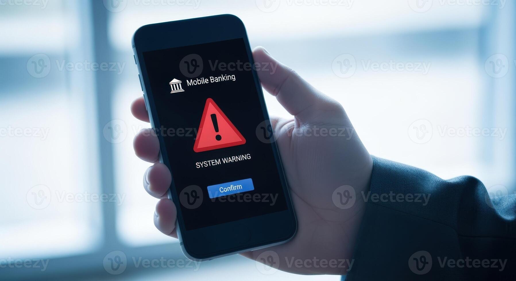 Mobile Banking Alert on Smartphone Screen Displayed by Hand, Warning Message About System Issues photo