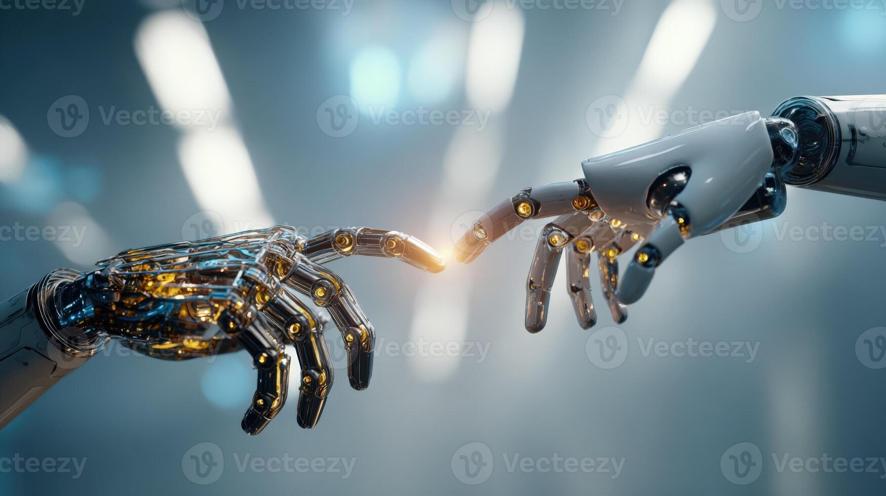 Futuristic Robot Hands Touching, Symbolizing Artificial Intelligence, Technological Connection and Innovation in Modern Era photo