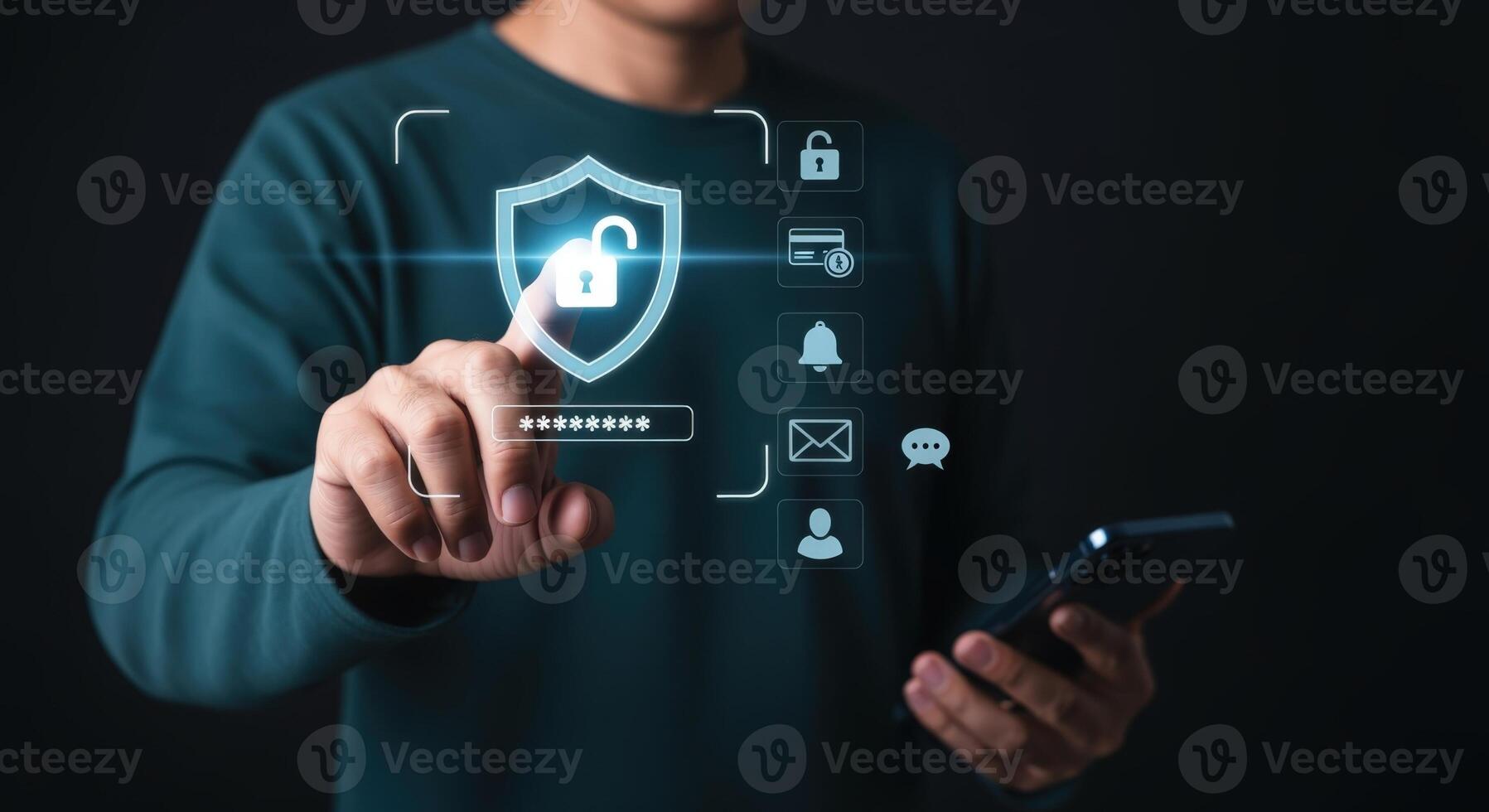 Data protection concept A man pointing at a digital shield with an unlocked padlock for security photo
