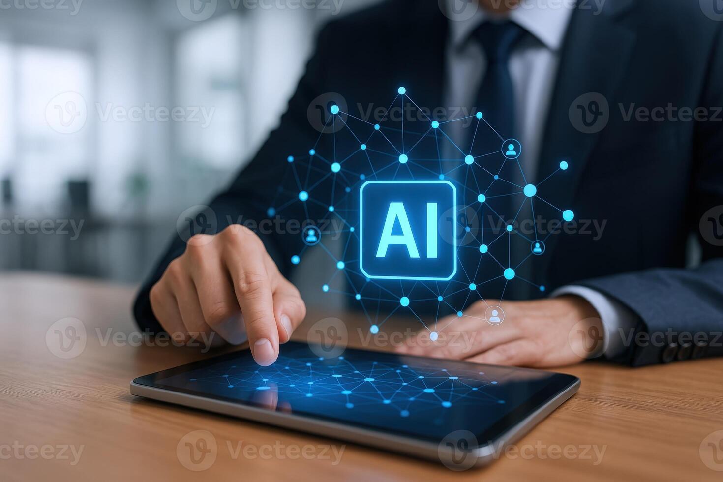 Artificial Intelligence Integration Businessman Interacting with AI Interface on Tablet, Representing Data Connectivity and Technological Advancement photo