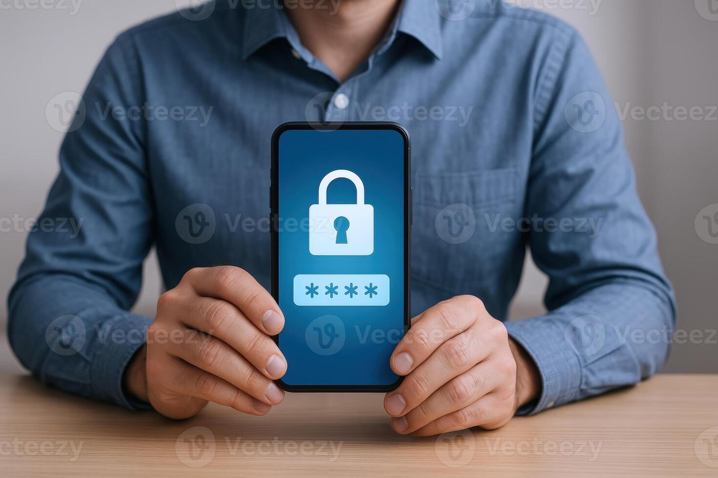 Smartphone Security Man Holding Device Displaying Padlock and Password Entry for Secure Access photo