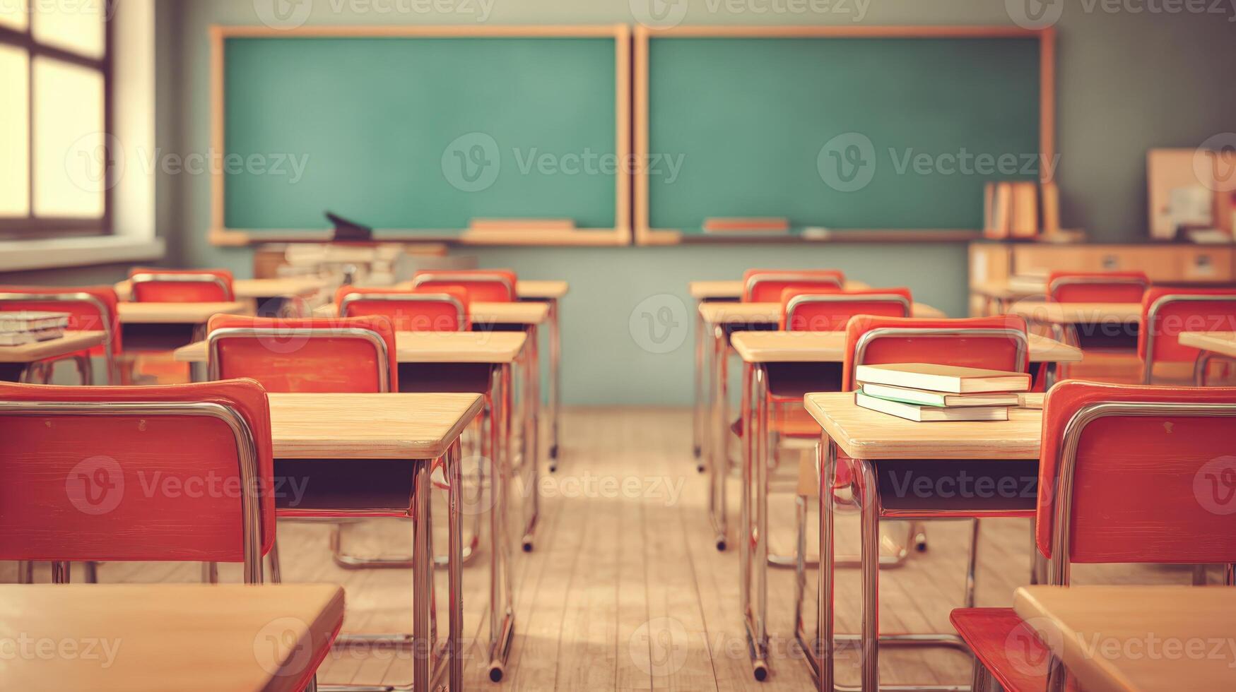 Empty Classroom with Desks and Chalkboards Ready for Students to Return to School photo
