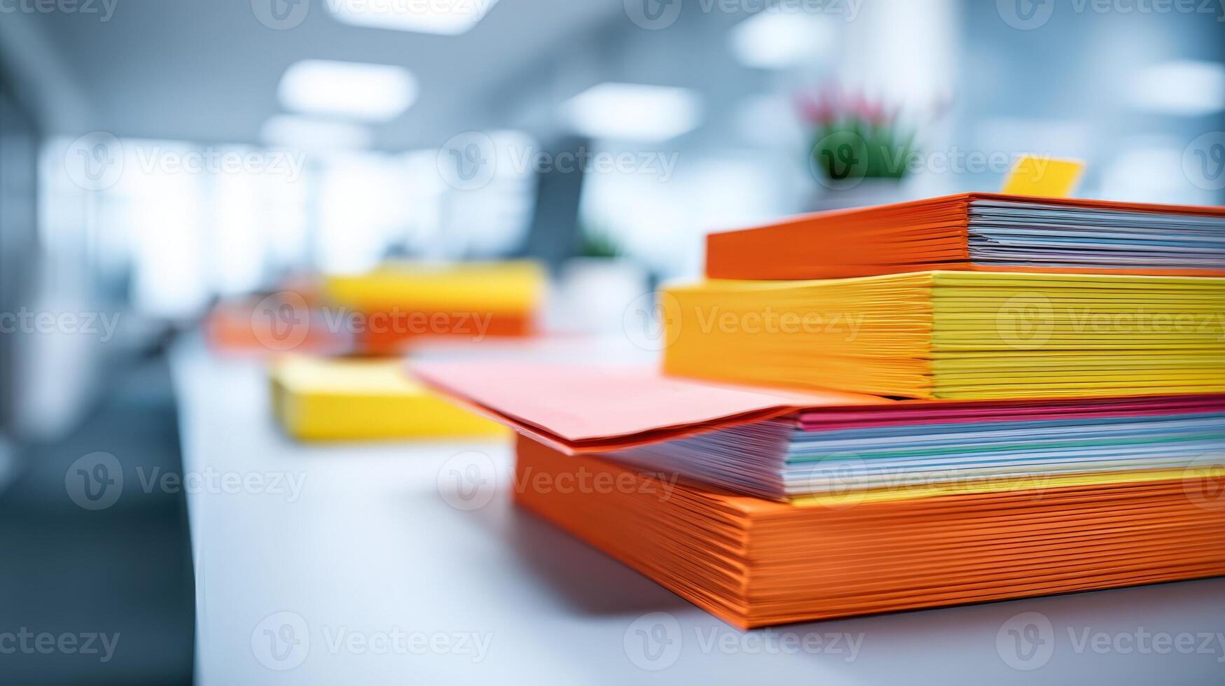 Stack of Vibrant Color Paper Documents on an Office Desk for Organization and Efficiency photo