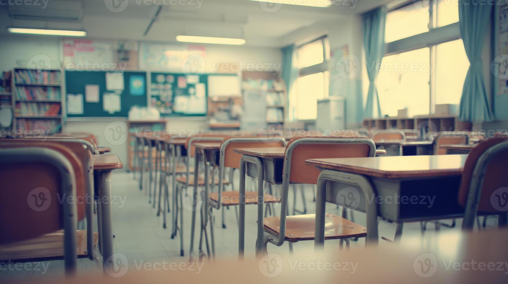 Empty Classroom with Desks and Chairs, Ready for Students, Education Setting in Soft Focus photo
