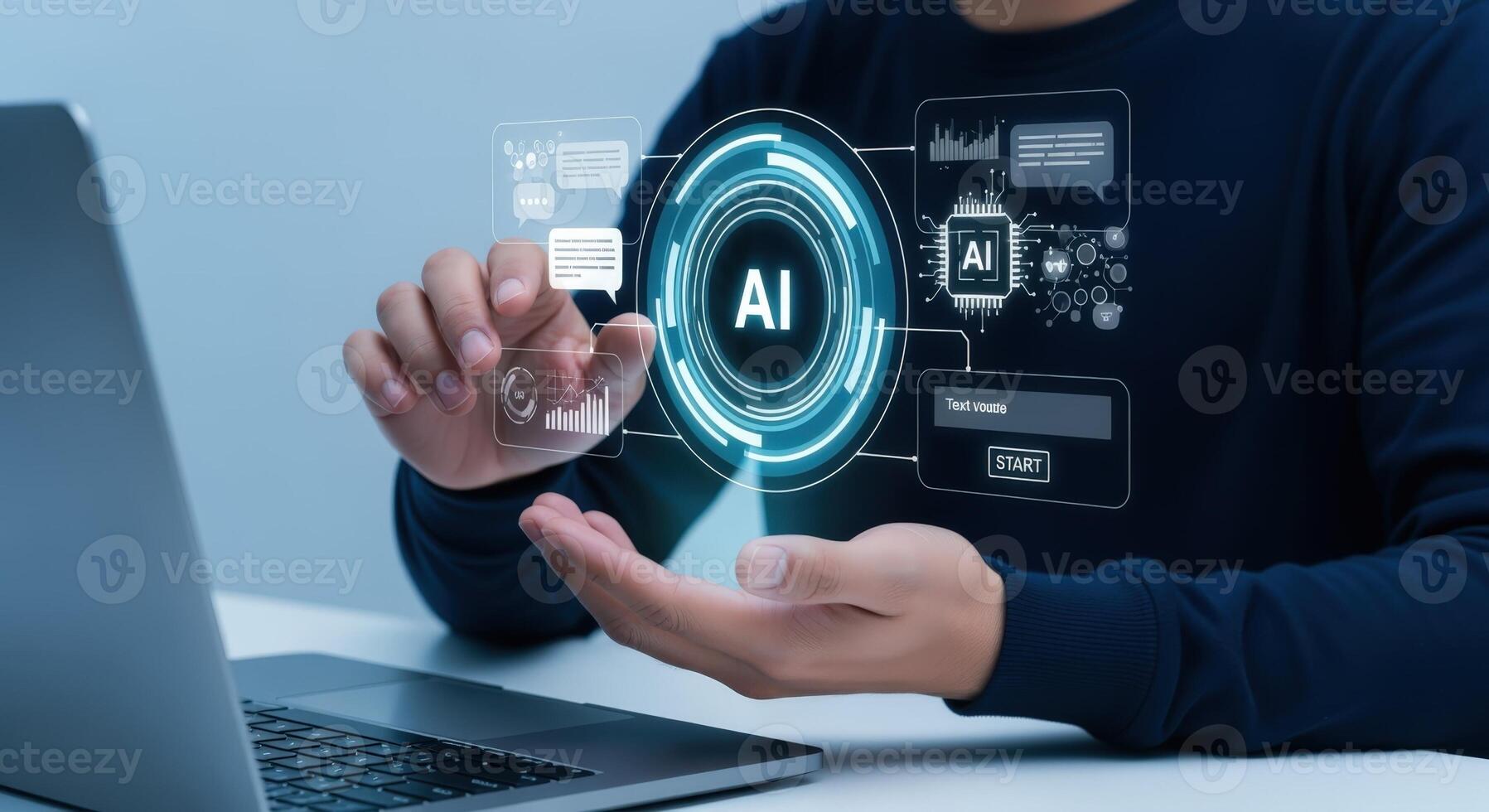 AI Technology Concept Man Interacting with Holographic Interface Demonstrating Artificial Intelligence and Machine Learning Applications photo
