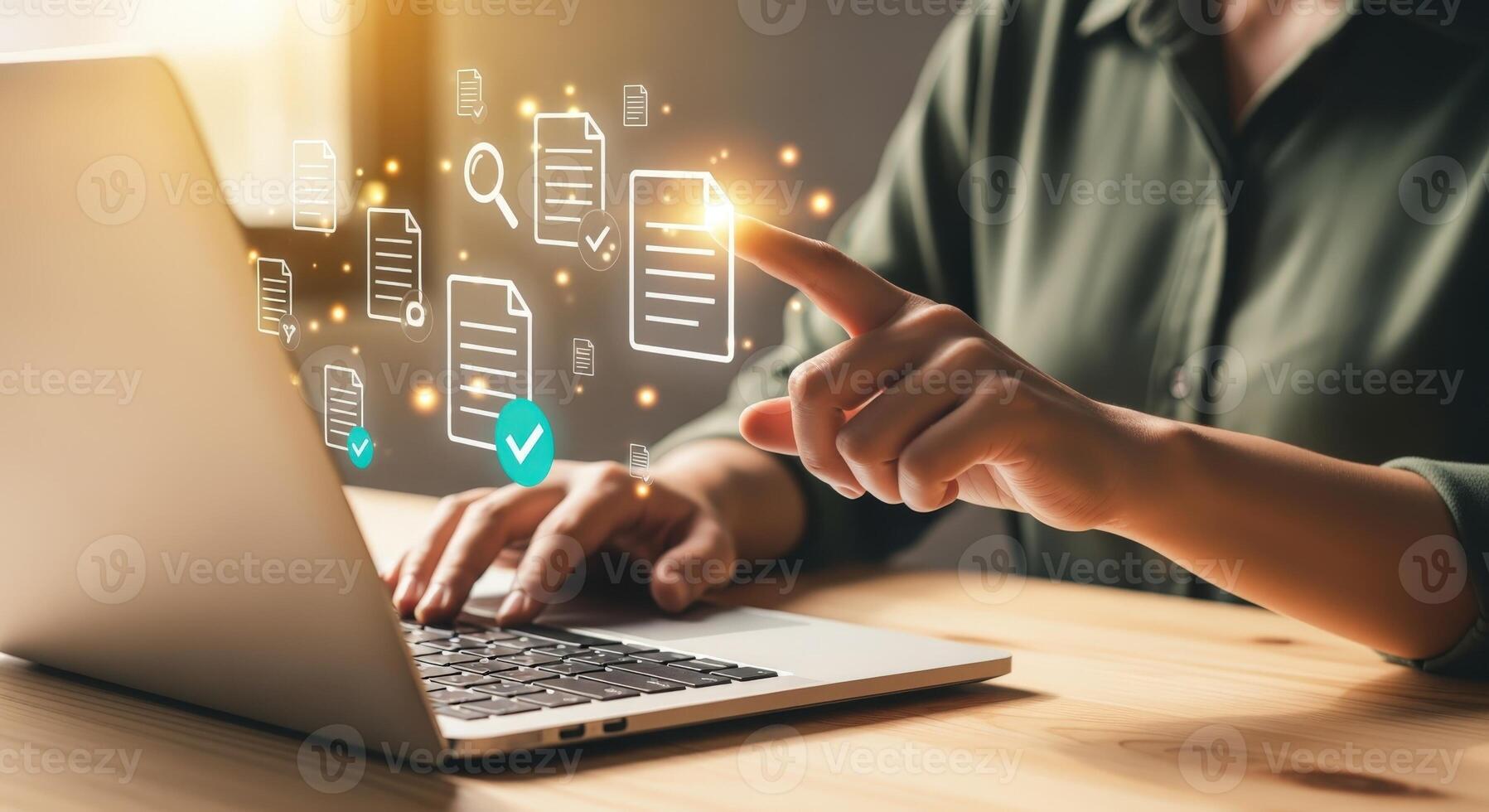 Document Management System Businesswoman Accessing Digital Files and Data on Laptop for Efficient Workflow photo