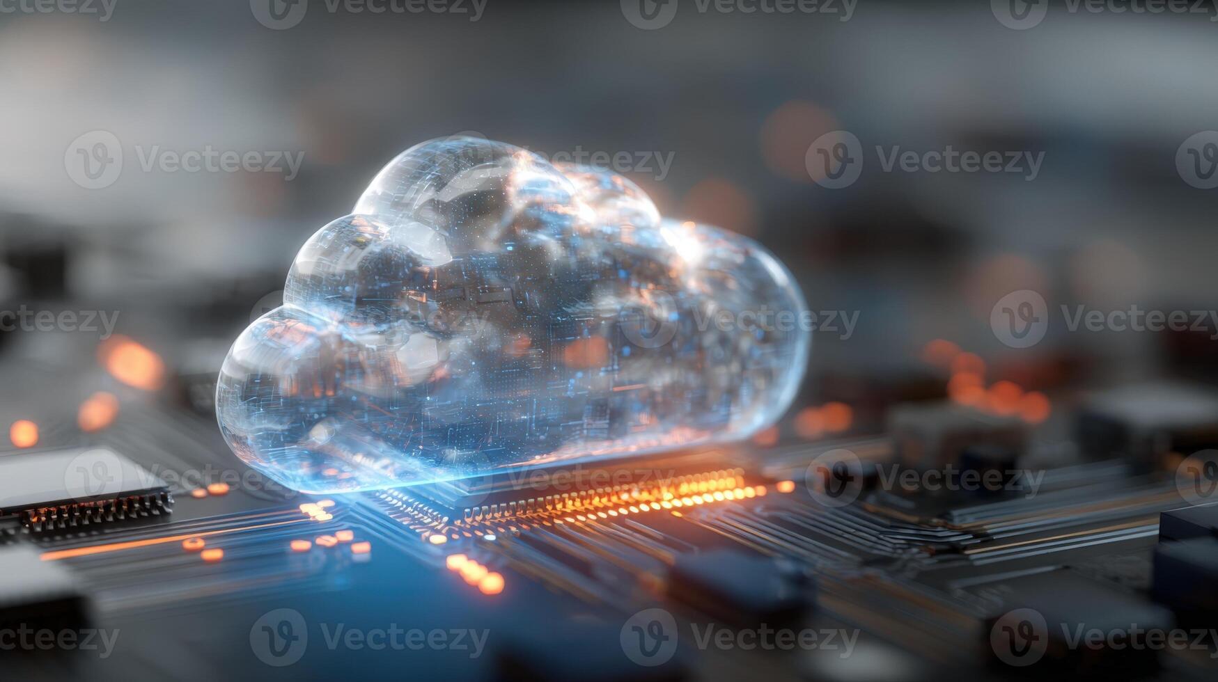 Cloud Computing Technology Concept Digital Cloud on Circuit Board, Data Storage and Processing Illustration photo