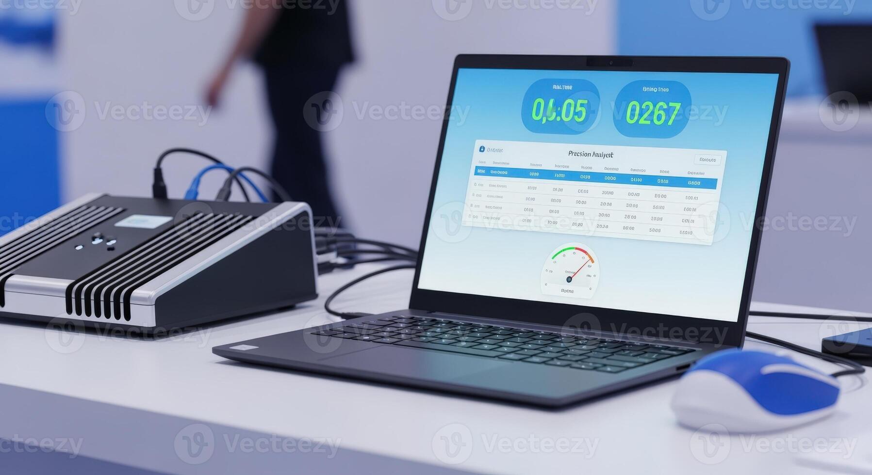 Laptop Computer Displaying Data with Connected Hardware for Testing and Analysis in Technology Environment photo