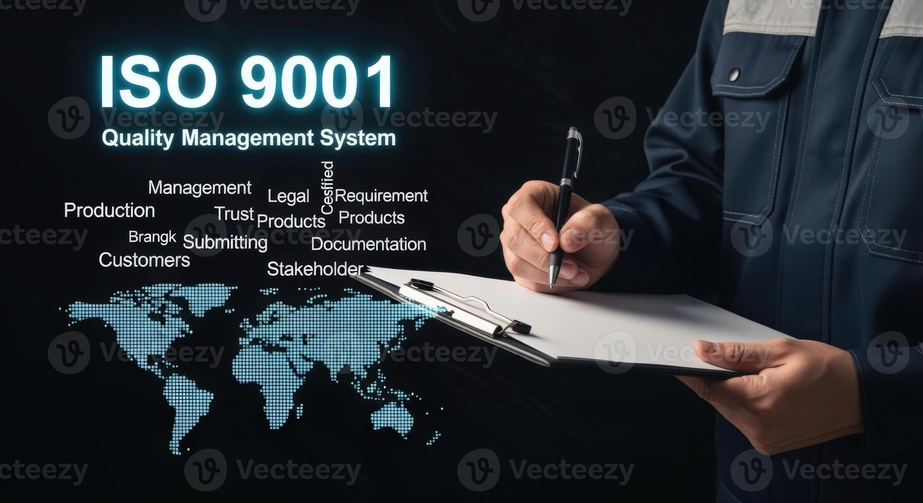 Quality Management System ISO 9001 Certification Process with Global Map and Auditor Reviewing Documents photo