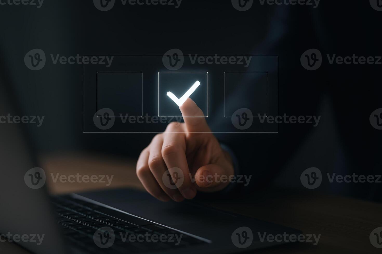 Hand Selecting Checkbox Option with Glowing Check Mark on Virtual Interface for Digital Confirmation photo