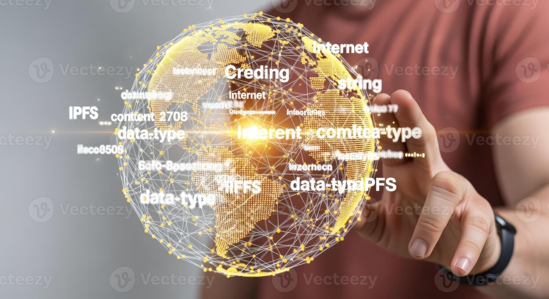 Global Digital Technology Concept Man Interacting with a Holographic Earth Displaying Data and Information photo
