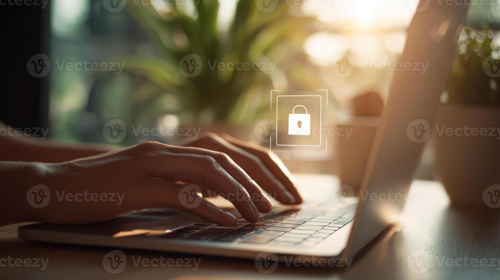Secure Online Access Person Typing on Laptop with Digital Lock Overlay for Cyber Security photo