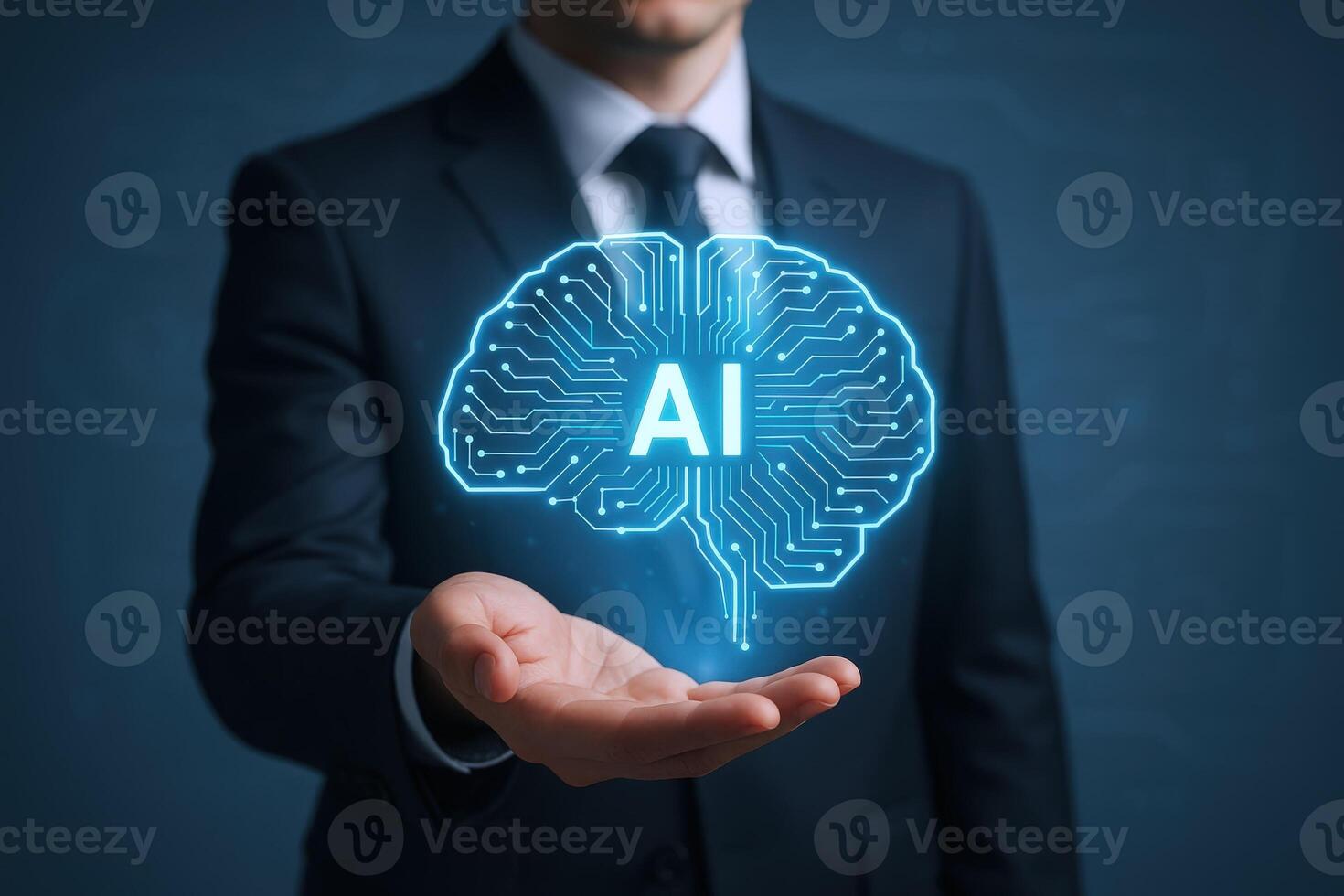 Artificial Intelligence Innovation Concept Businessman Presenting Digital Brain with AI Technology and Neural Network photo