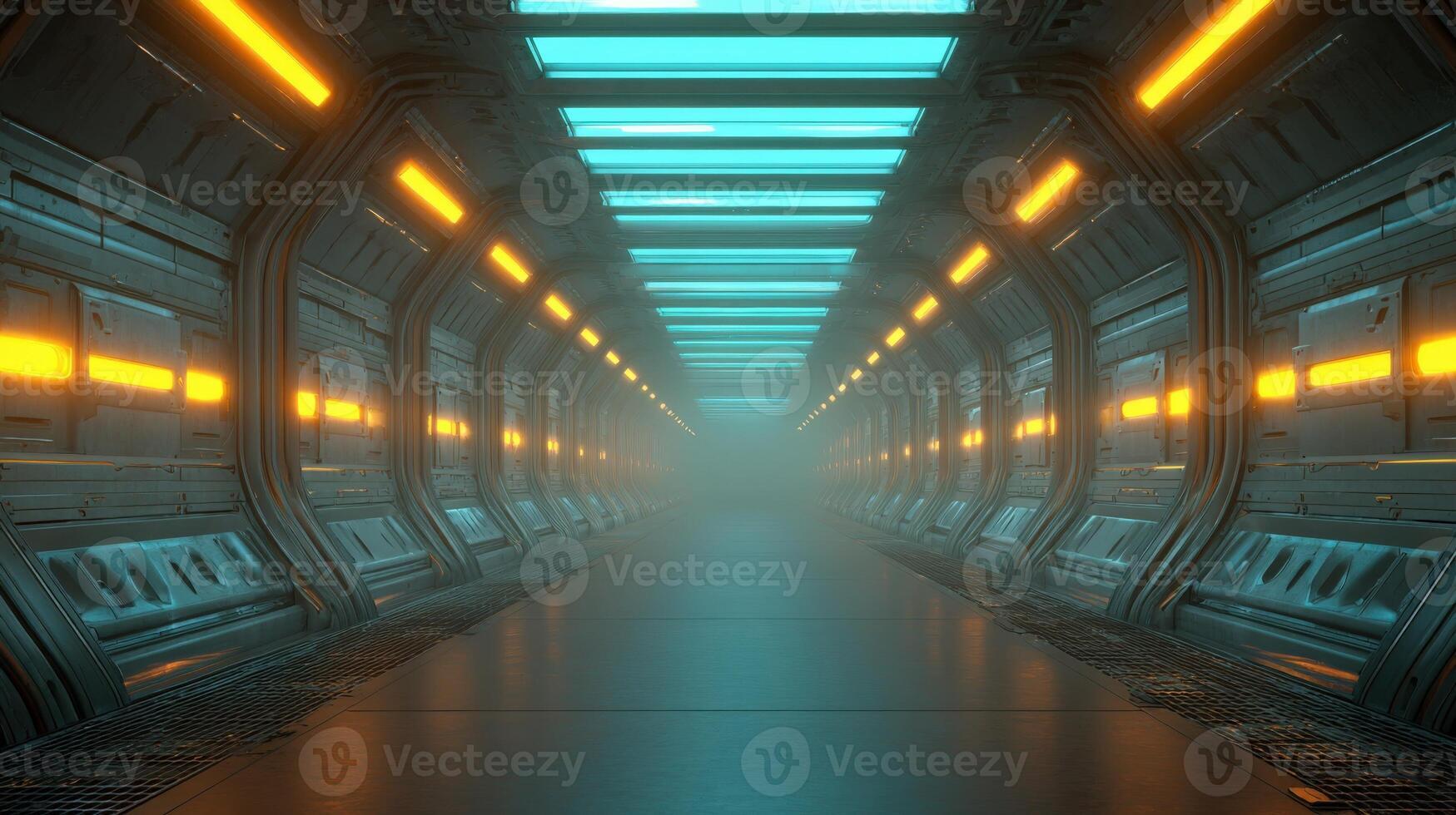 Futuristic Sci-Fi Corridor with Neon Lights Technological Advancement, Space Exploration, and Modern Architecture Design photo
